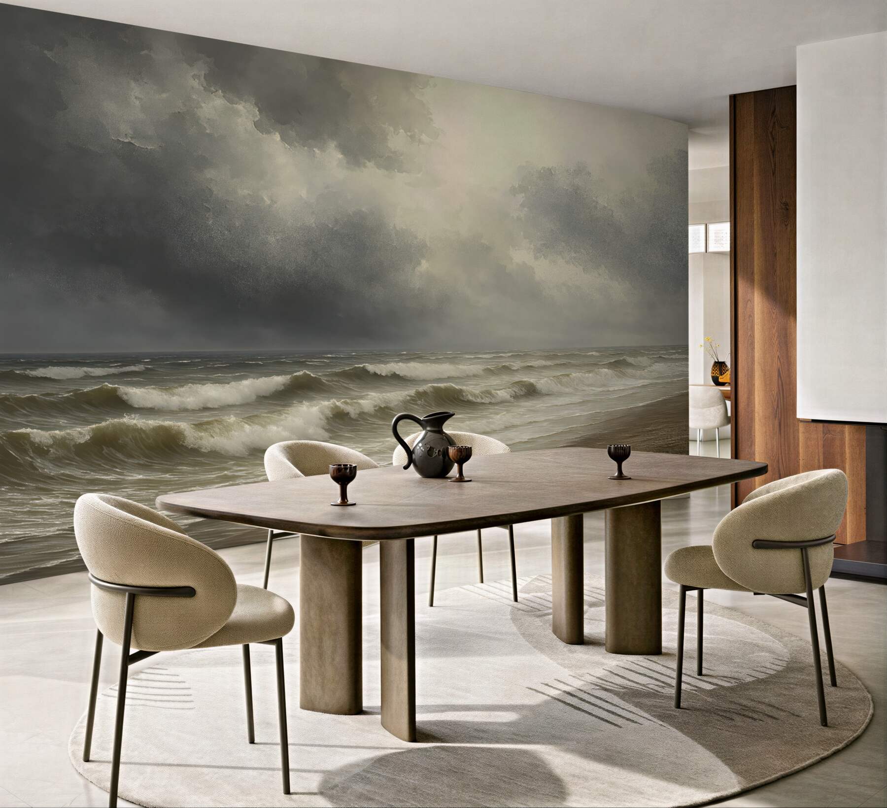 Fototapeta Morze w opadach, tonacje szarości i beżu, nastrojowa aranżacja.