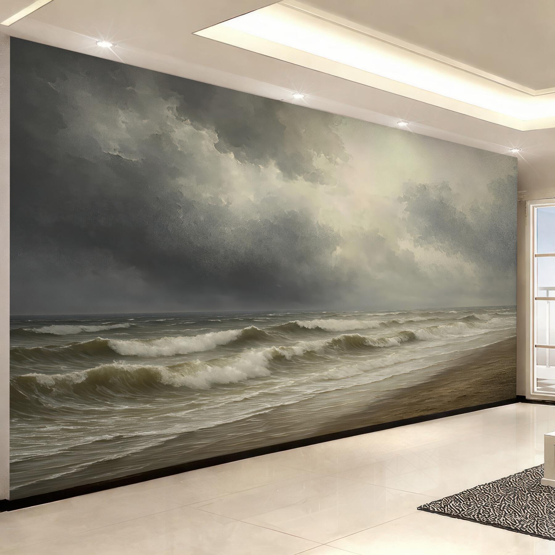 Fototapeta Morze w opadach, tonacje szarości i beżu, nastrojowa aranżacja.