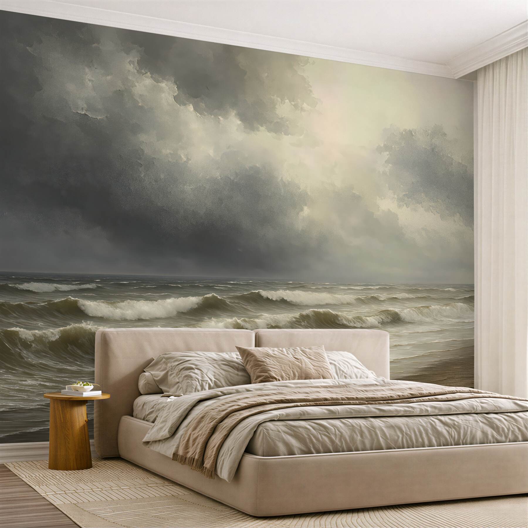 Fototapeta Morze w opadach, tonacje szarości i beżu, nastrojowa aranżacja.