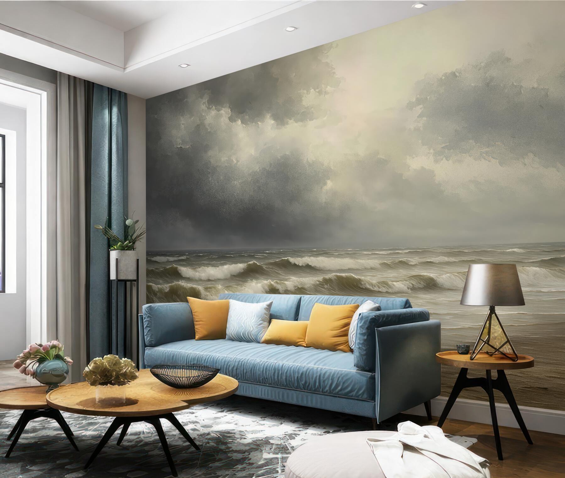 Fototapeta Morze w opadach, tonacje szarości i beżu, nastrojowa aranżacja.