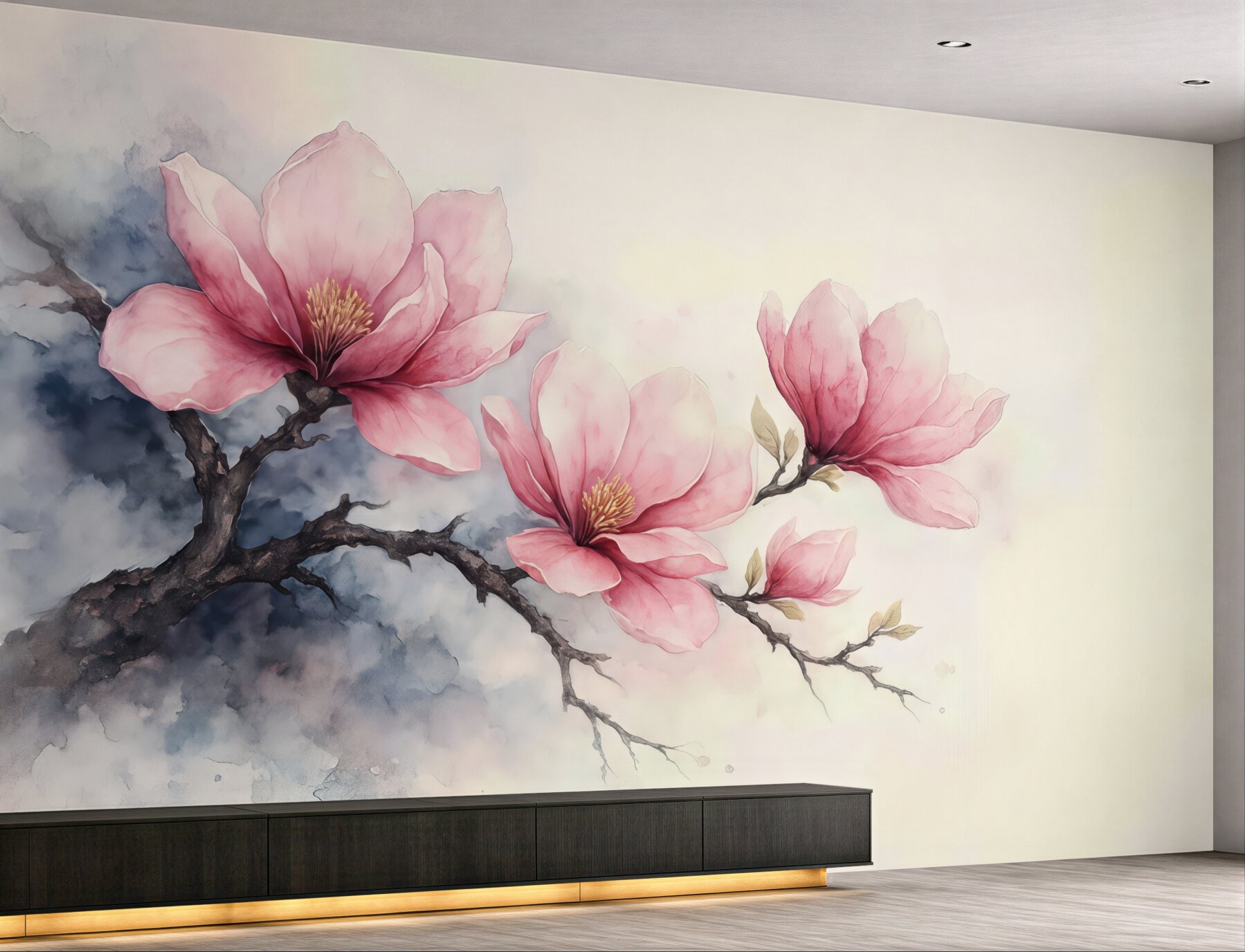 Fototapeta Kwitnąca gałązka różowej magnolii na tle kości słoniowej.