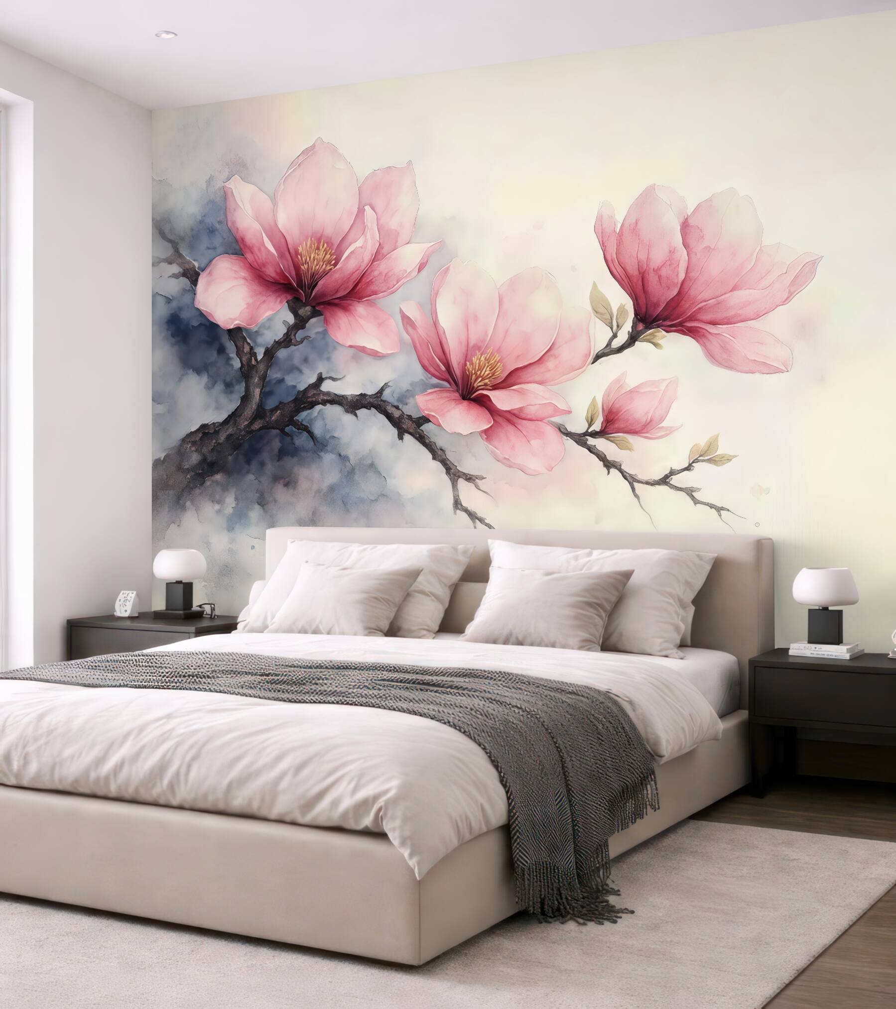 Fototapeta Kwitnąca gałązka różowej magnolii na tle kości słoniowej.