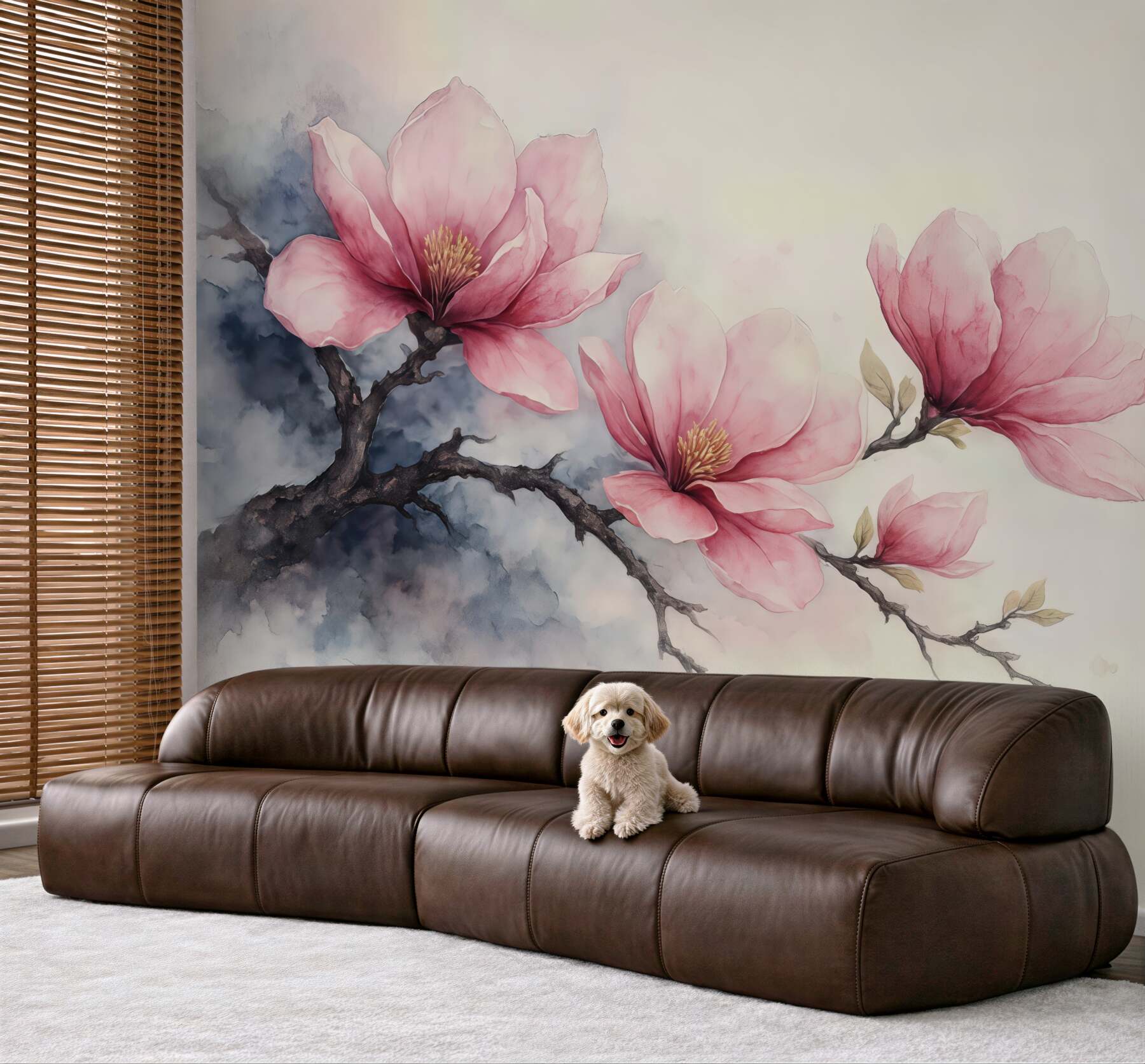 Fototapeta Kwitnąca gałązka różowej magnolii na tle kości słoniowej.