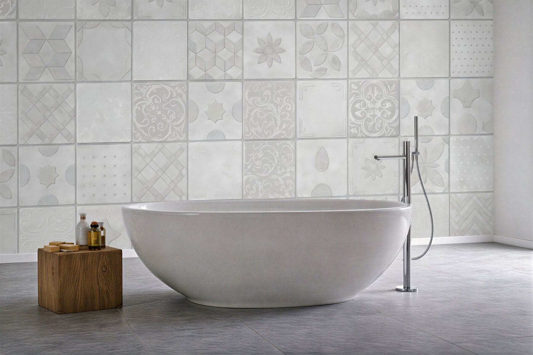 Fototapeta białe kafelki z delikatnym ornamentem