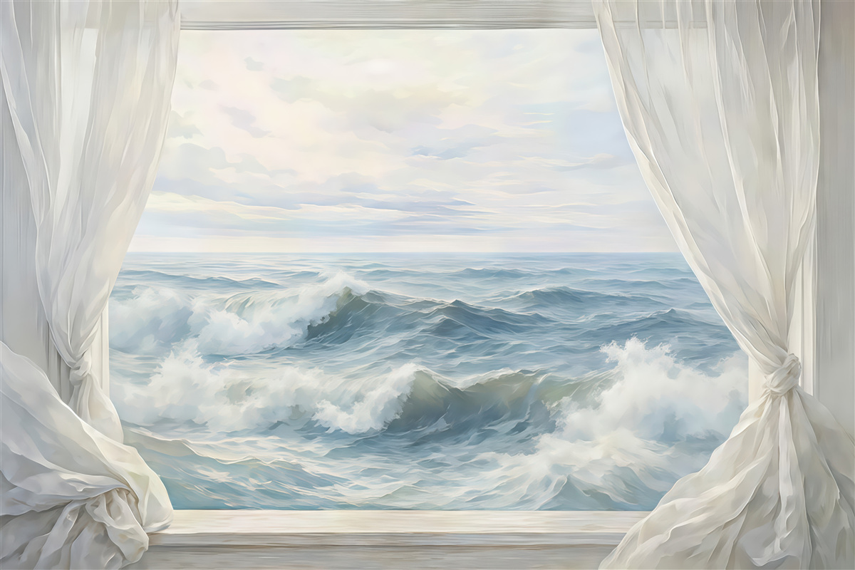 Fototapeta morskie fale za zwiewnymi zasłonami