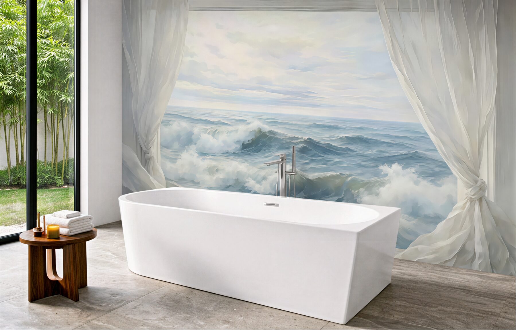 Fototapeta morskie fale za zwiewnymi zasłonami