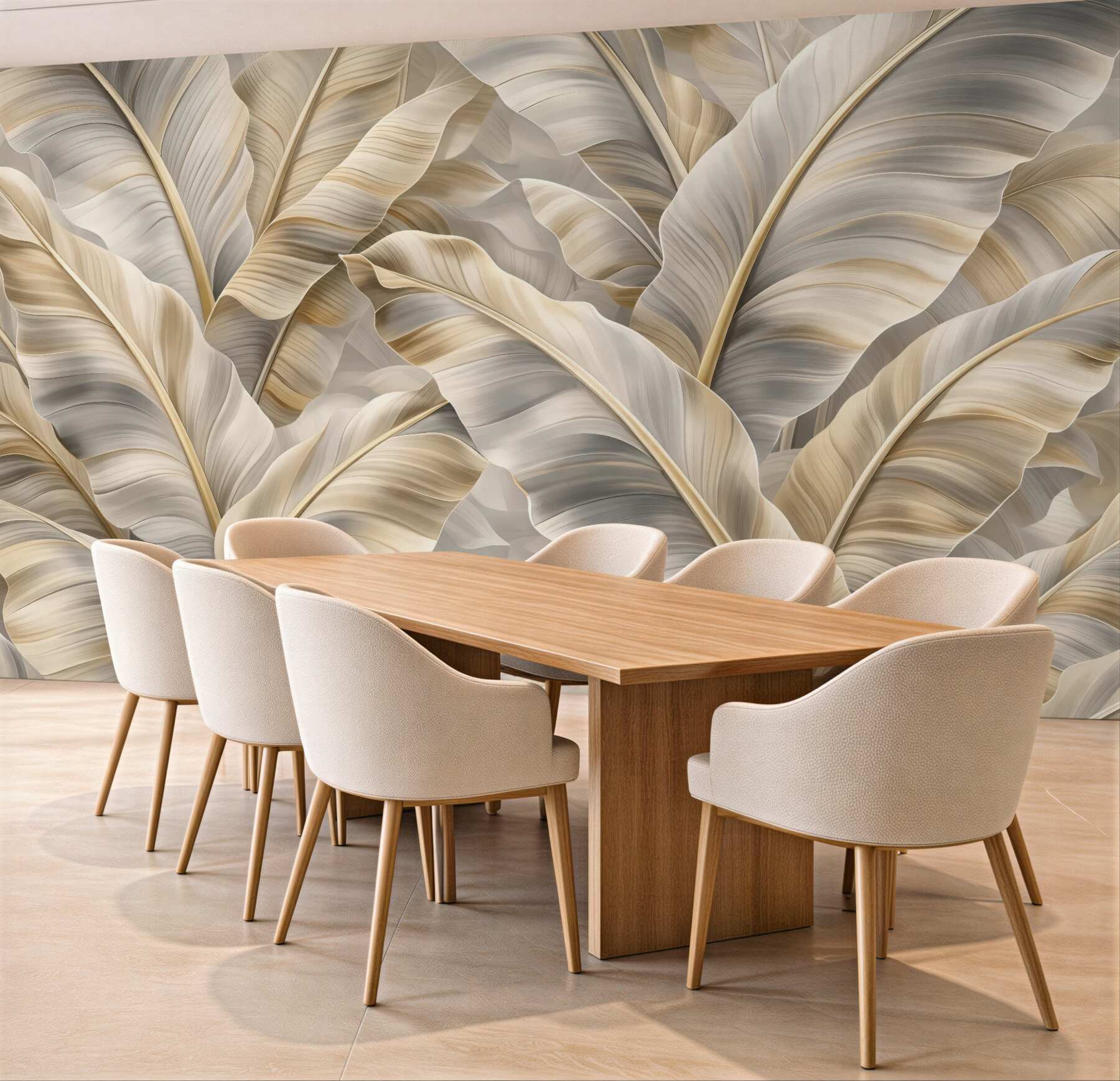 Fototapeta ekskluzywne duże liście banana w szaro-beżowej kolorystyce