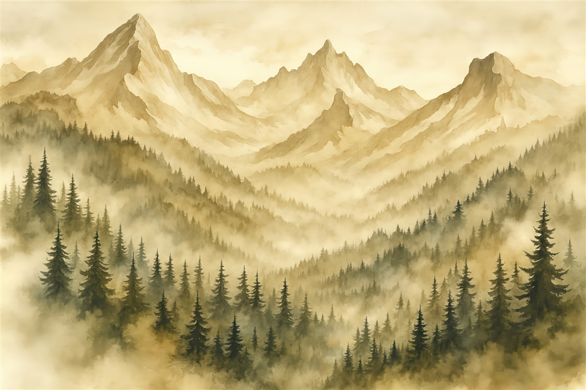 Fototapeta Las w mgle u stóp skalistych gór brązowych akwarela grafika.