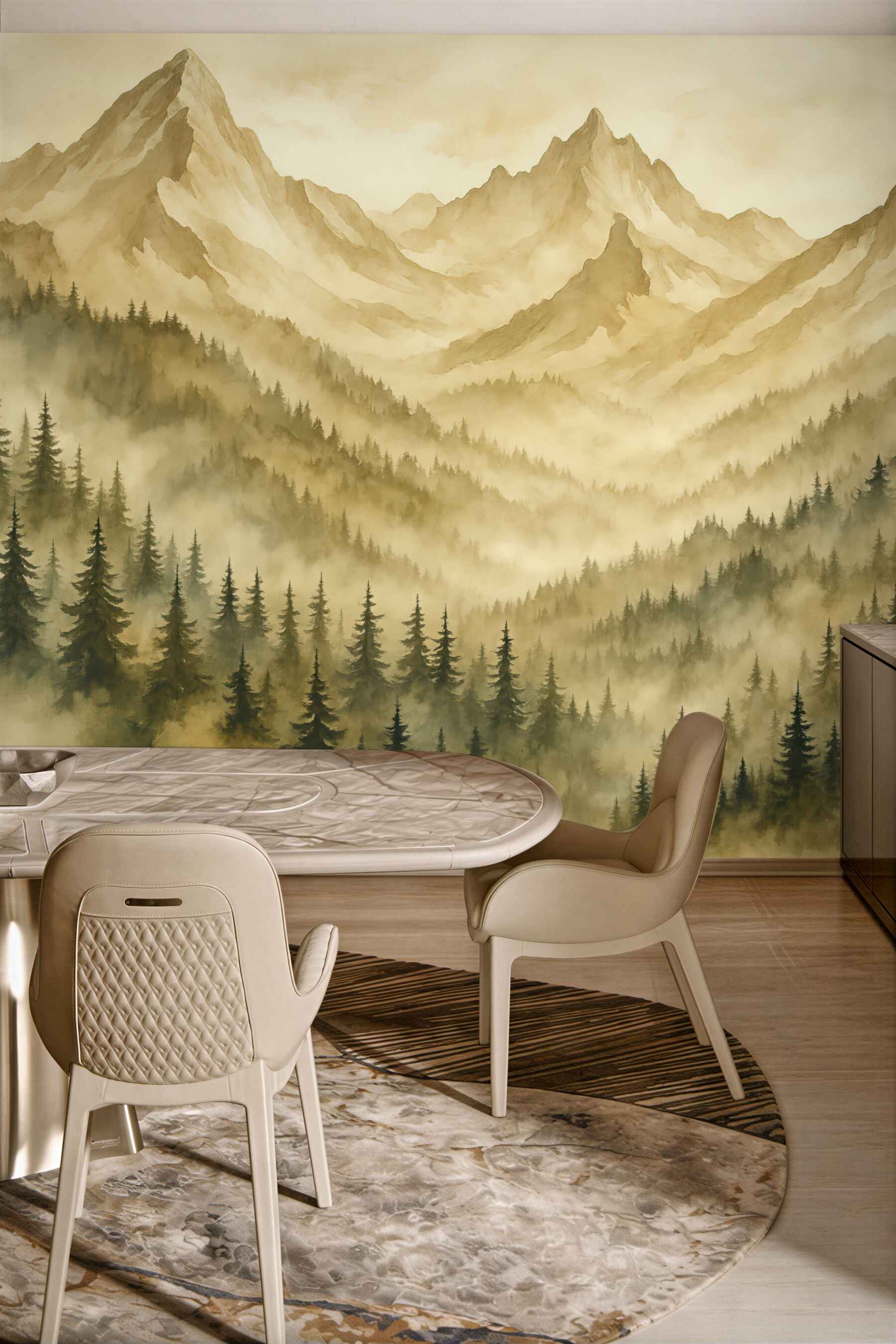 Fototapeta Las w mgle u stóp skalistych gór brązowych akwarela grafika.