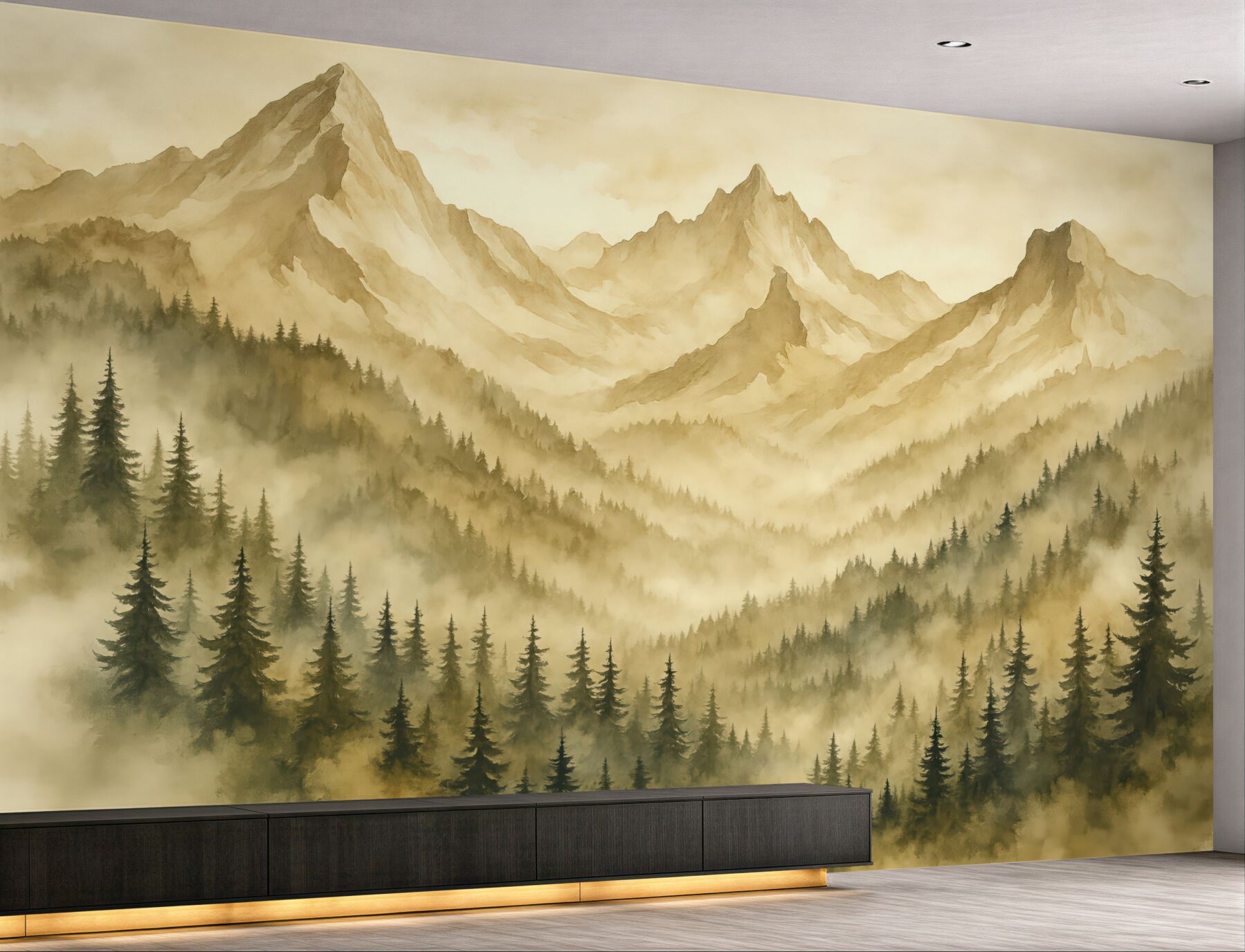 Fototapeta Las w mgle u stóp skalistych gór brązowych akwarela grafika.