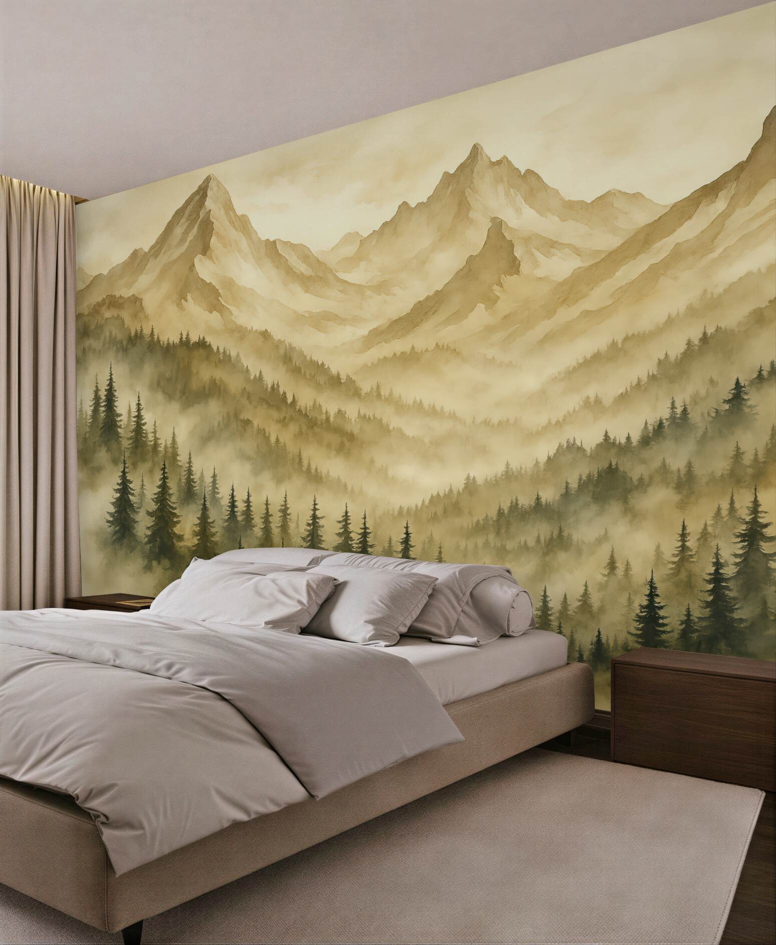 Fototapeta Las w mgle u stóp skalistych gór brązowych akwarela grafika.