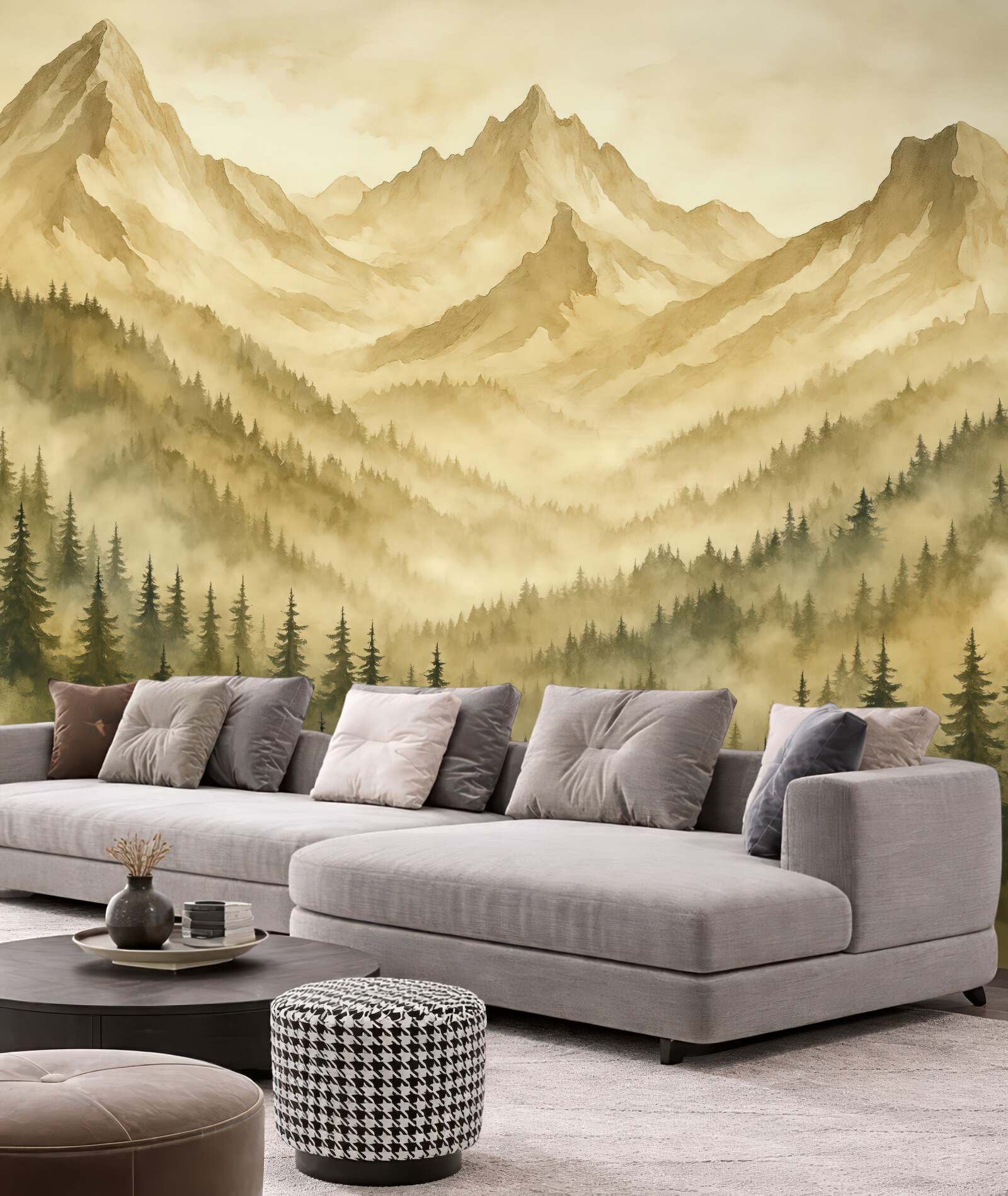 Fototapeta Las w mgle u stóp skalistych gór brązowych akwarela grafika.