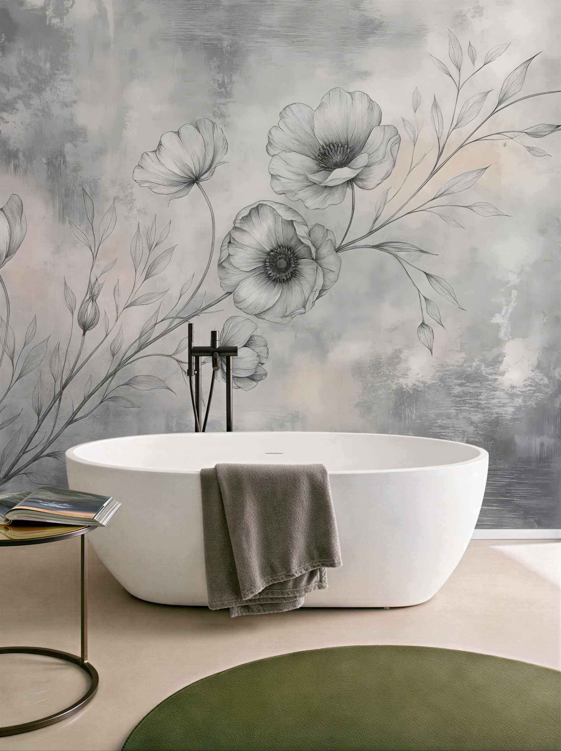 Fototapeta subtelne szkicowane kwiaty w szarościach