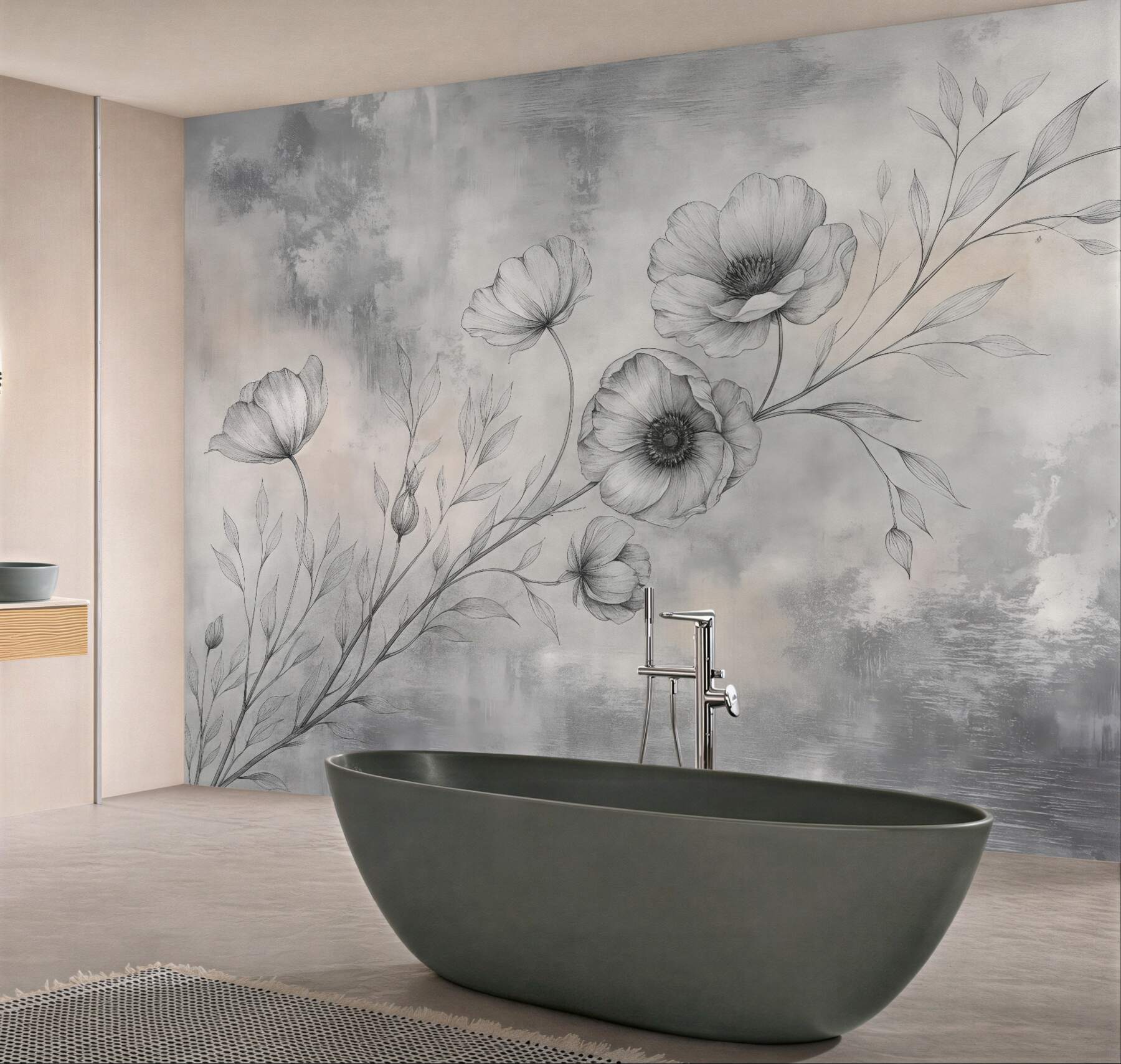 Fototapeta subtelne szkicowane kwiaty w szarościach