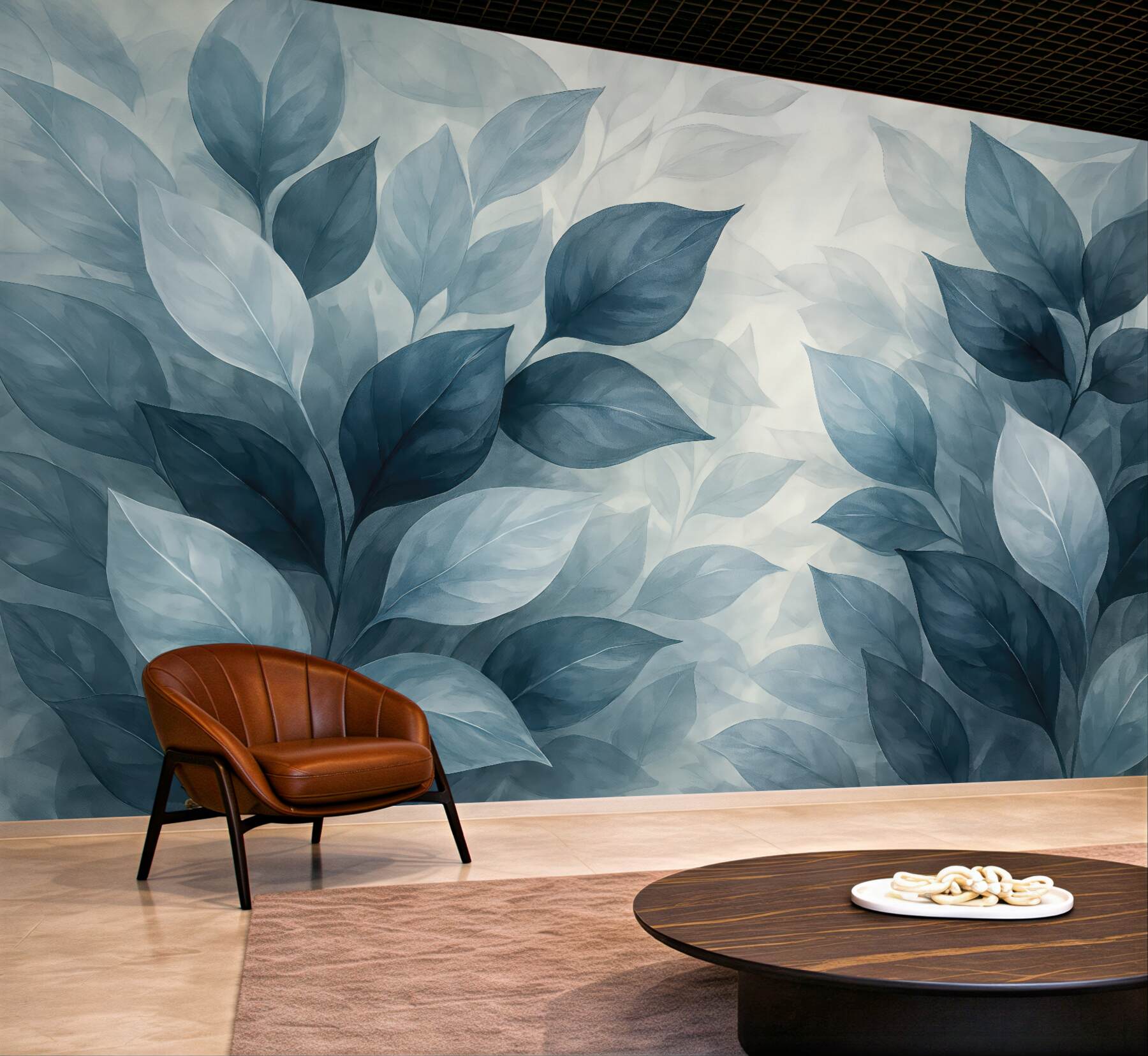 Fototapeta Delikatne szaro-białe liście akwarelowe z rozmytym, subtelnym tłem.