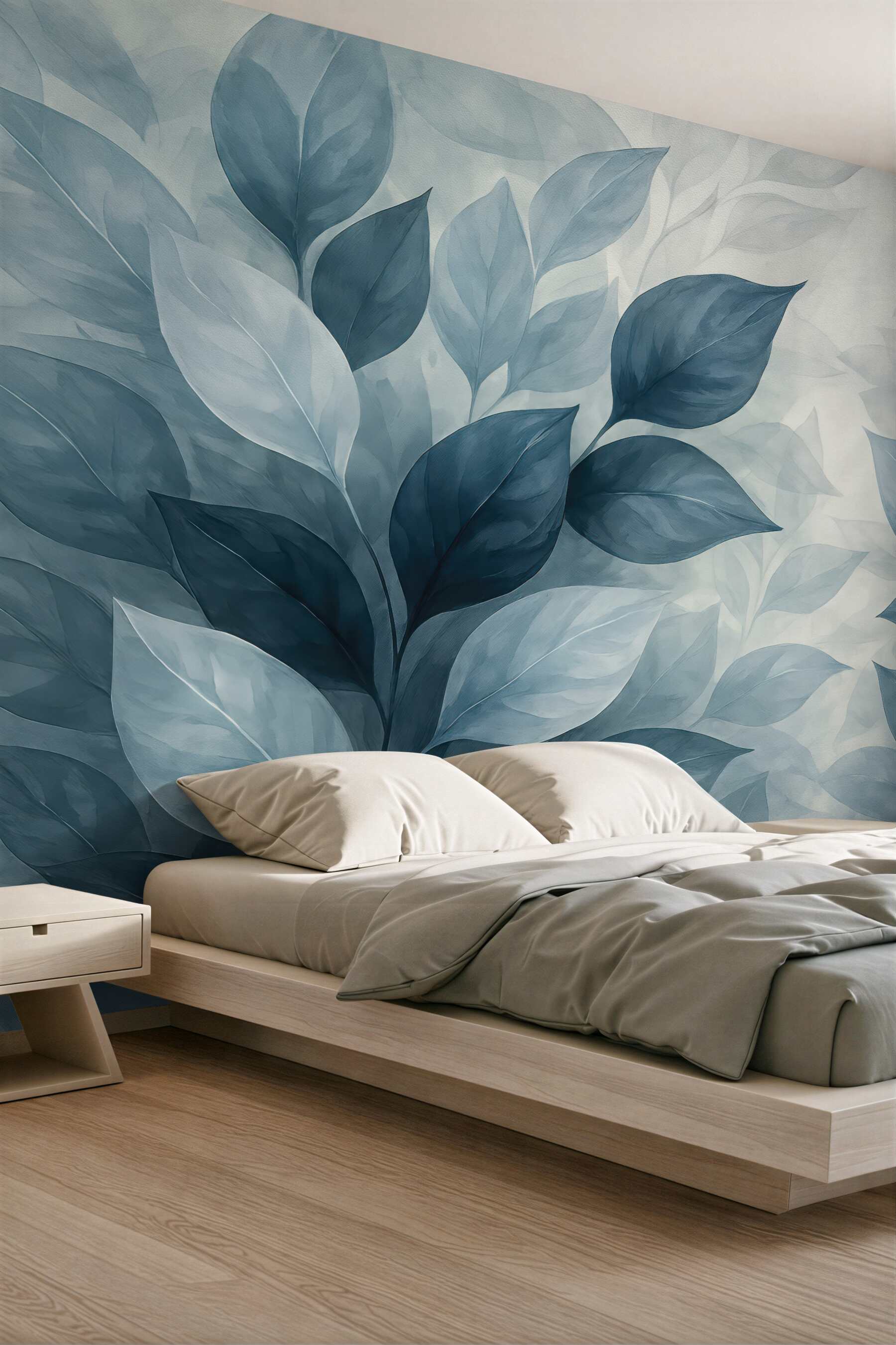 Fototapeta Delikatne szaro-białe liście akwarelowe z rozmytym, subtelnym tłem.