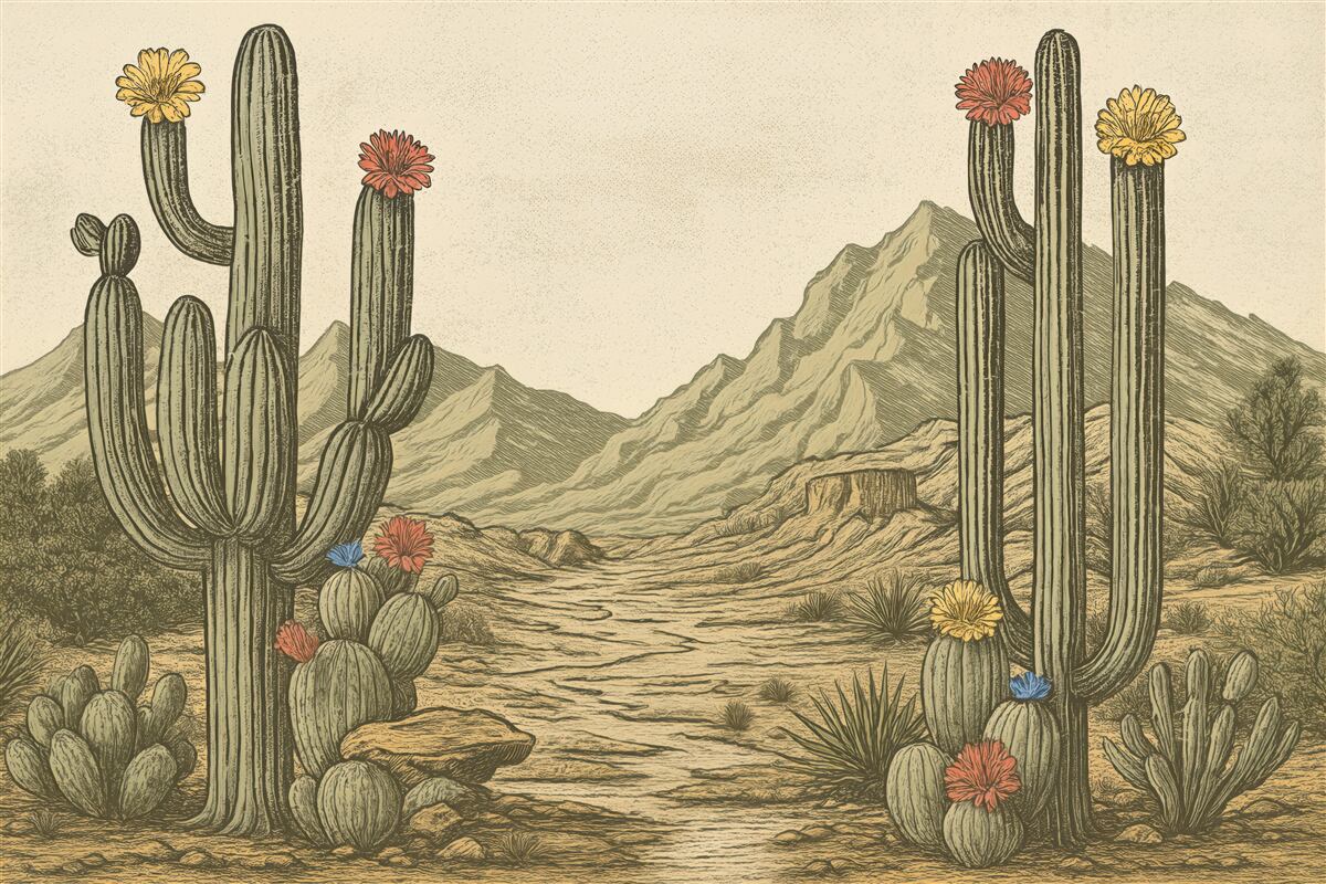 Fototapeta retro pustynia z kwitnącymi kaktusami