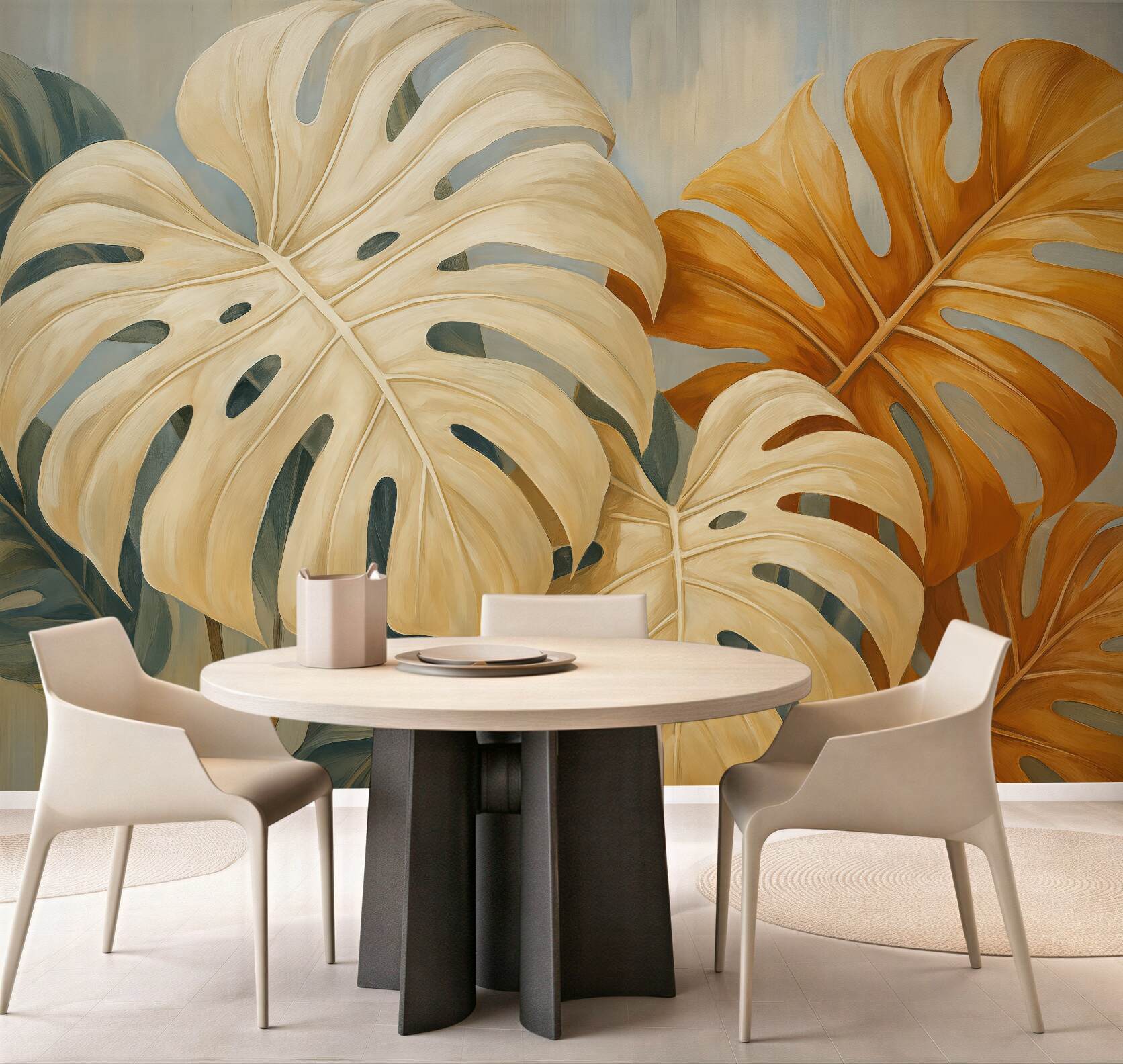 Fototapeta Liście Monstery, odcień niebieski, biały, pomarańczowy.