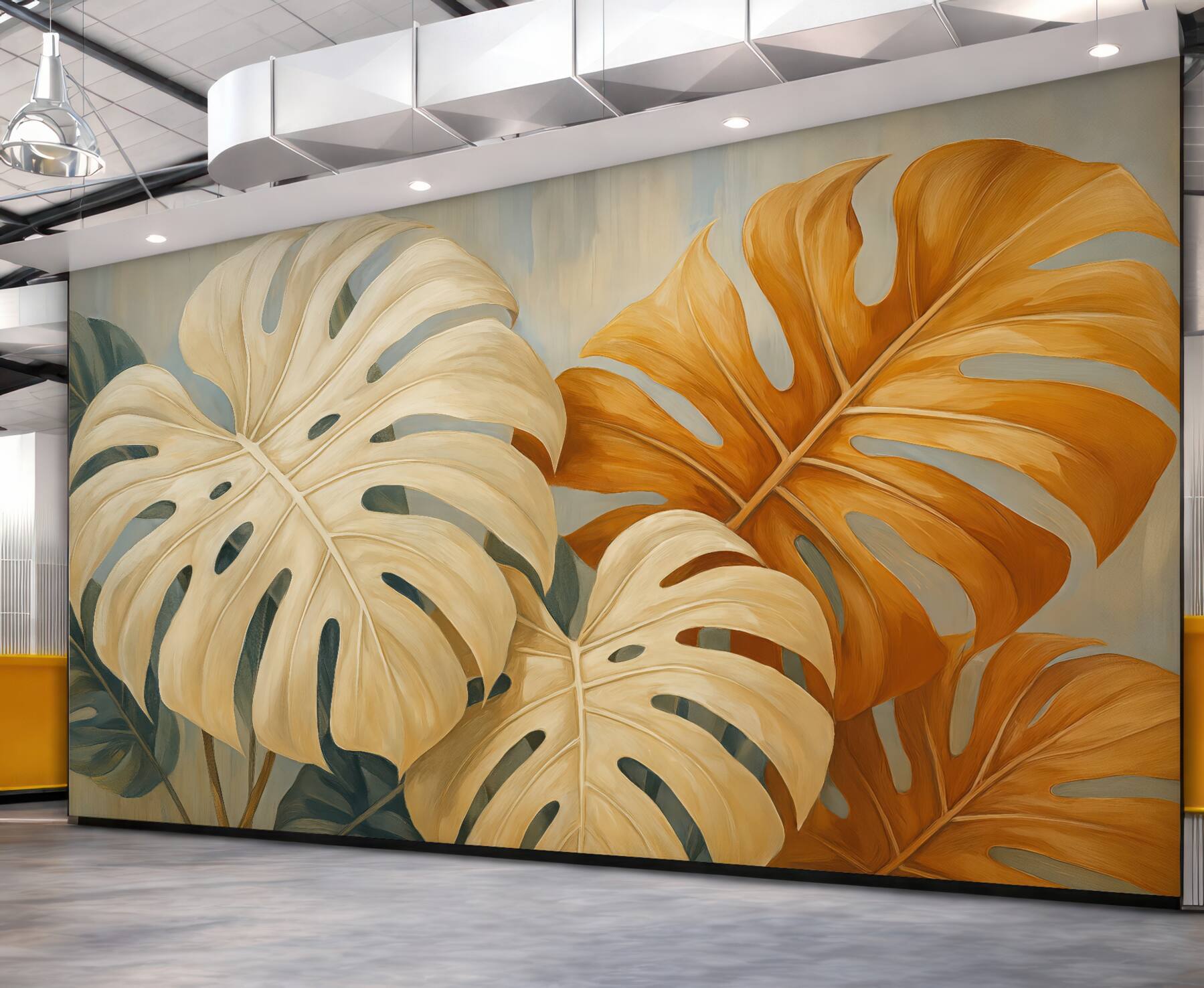 Fototapeta Liście Monstery, odcień niebieski, biały, pomarańczowy.