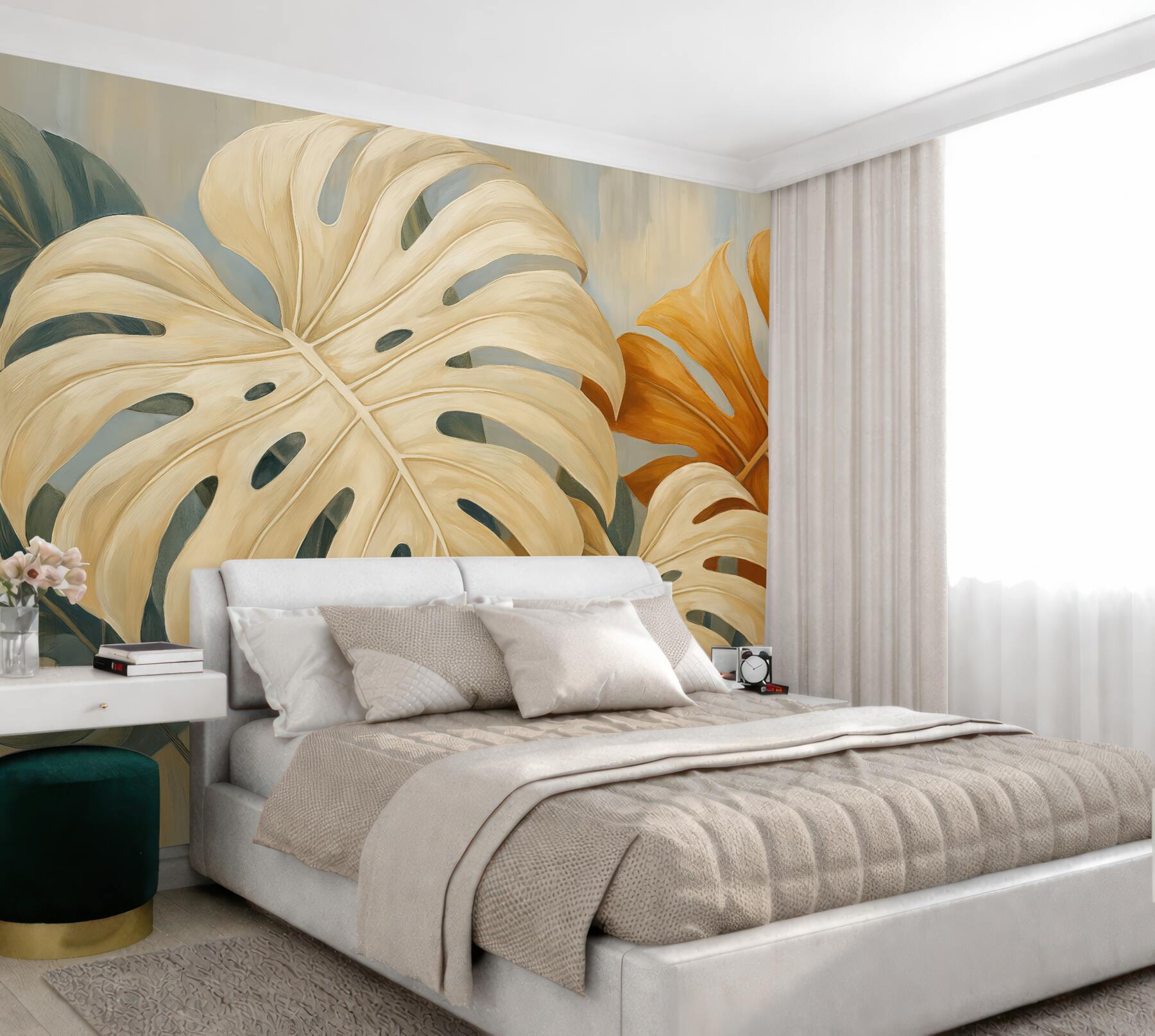 Fototapeta Liście Monstery, odcień niebieski, biały, pomarańczowy.