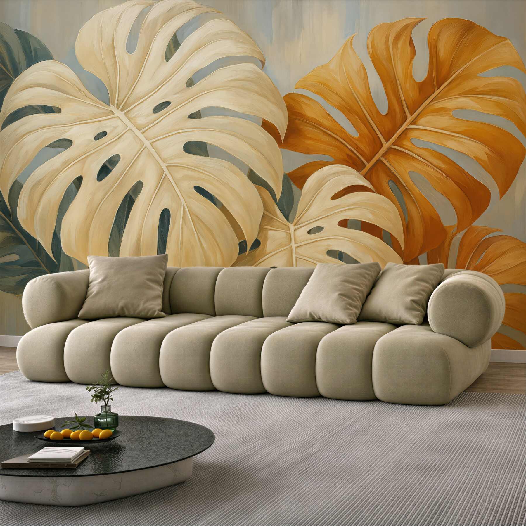 Fototapeta Liście Monstery, odcień niebieski, biały, pomarańczowy.