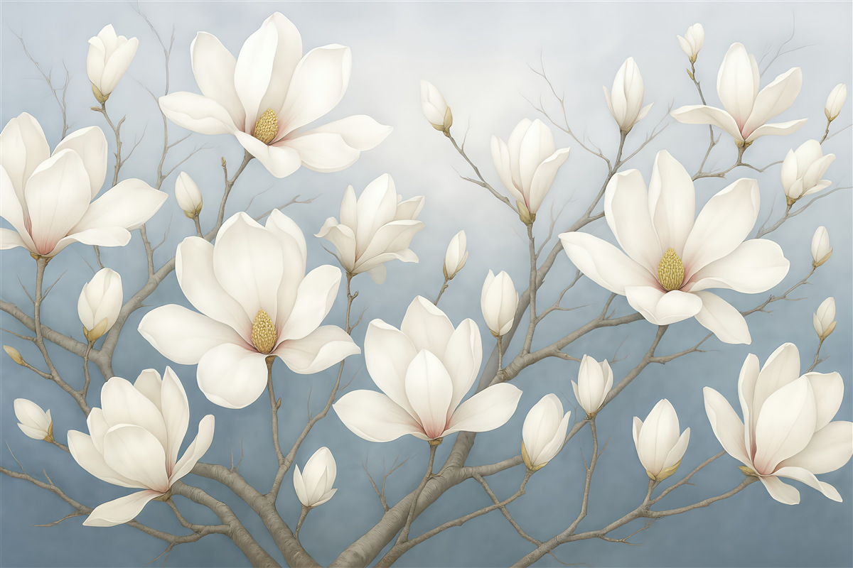 Fototapeta białe magnolie na błękitnych gałęziach