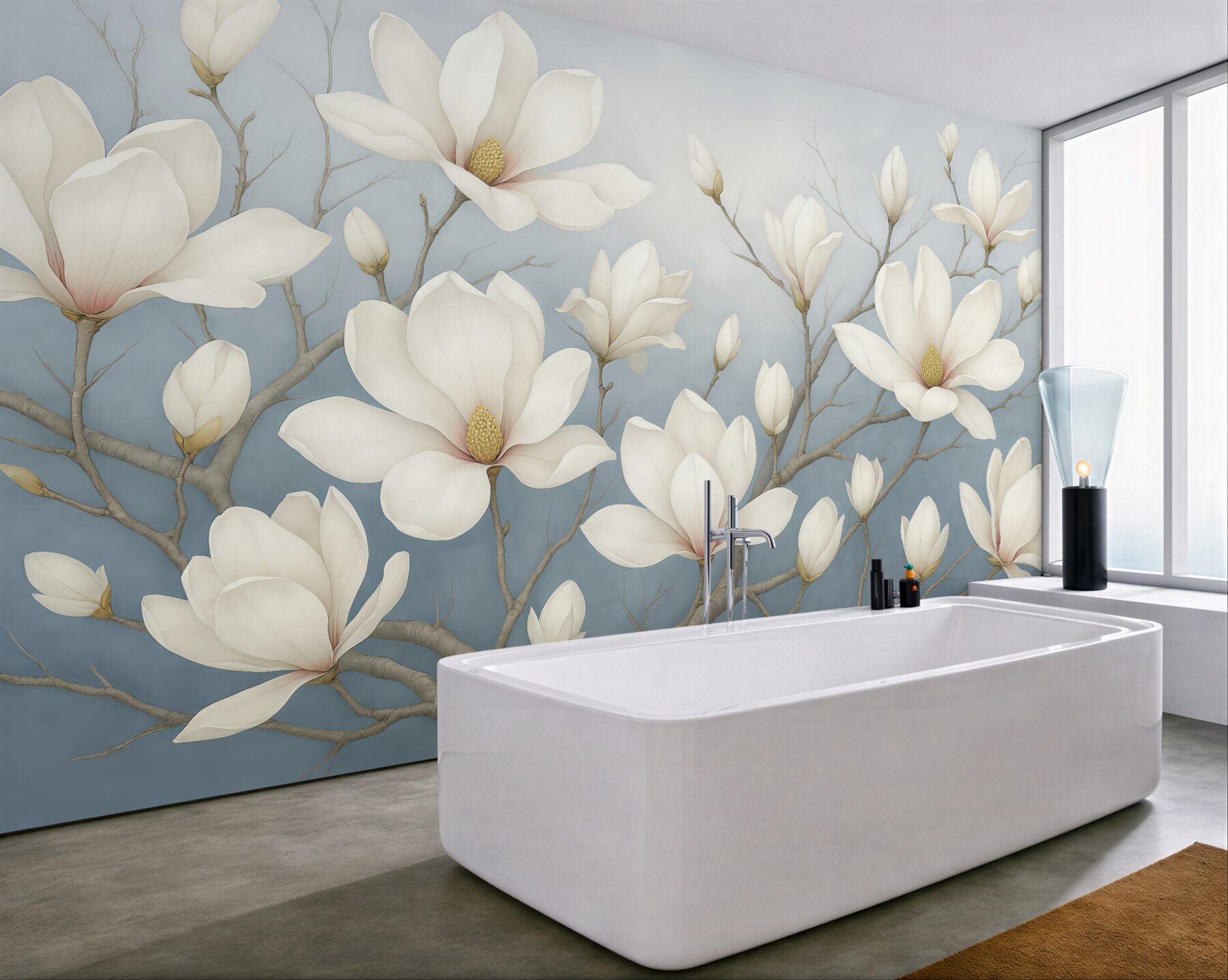 Fototapeta białe magnolie na błękitnych gałęziach