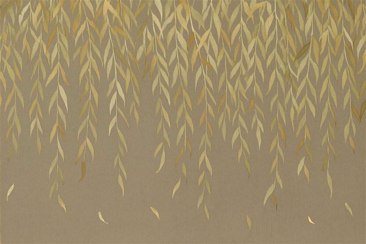 Fototapeta Gałęzie wierzby z liśćmi w odcieniach żółci i zieleni opadające na brązowym płóciennym tle.