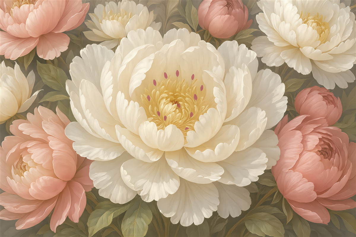 Fototapeta Miękkie, subtelne białe i różowe piwonie o obfitych, pełnych kwiatach na stonowanym tle.