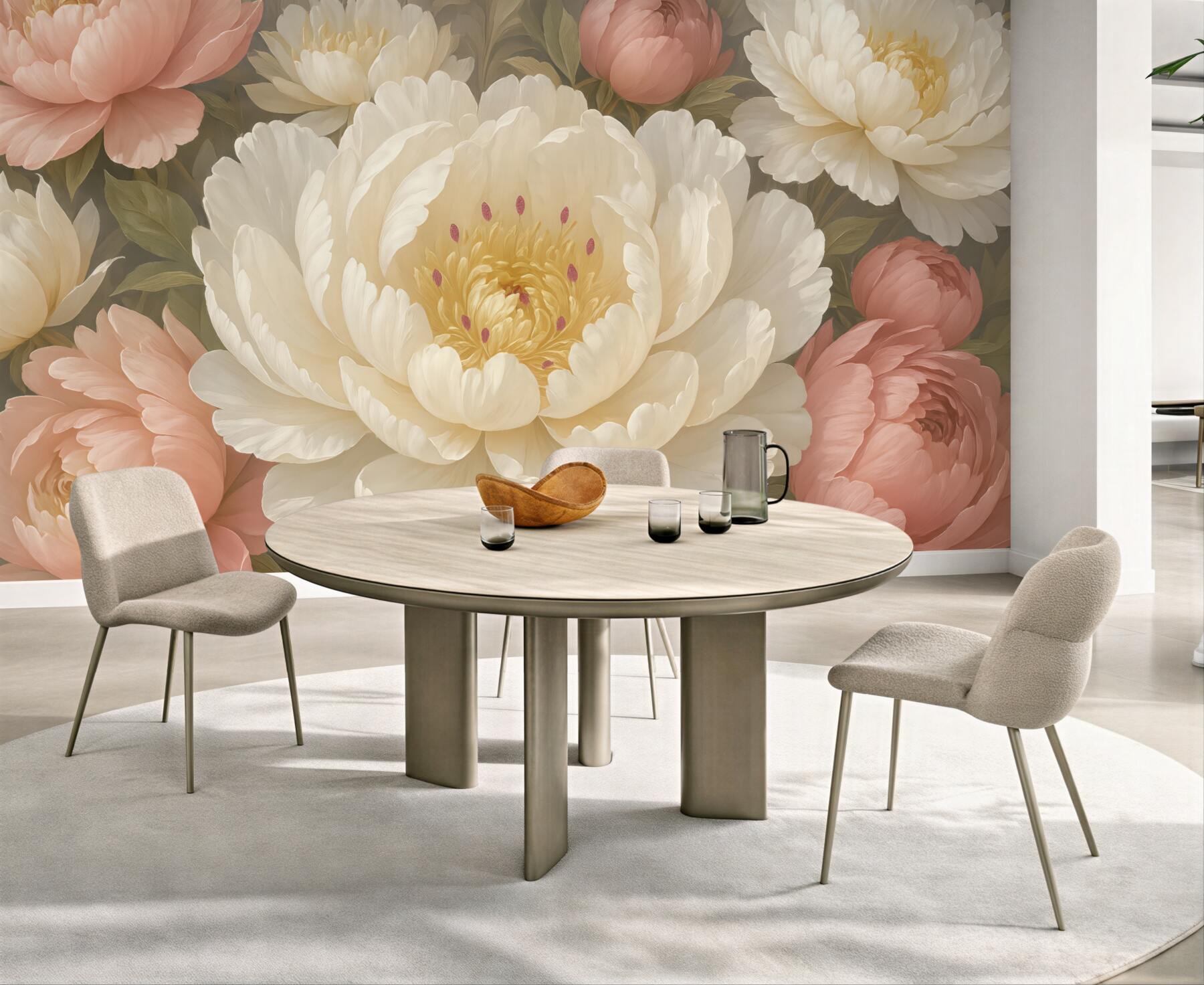 Fototapeta Miękkie, subtelne białe i różowe piwonie o obfitych, pełnych kwiatach na stonowanym tle.