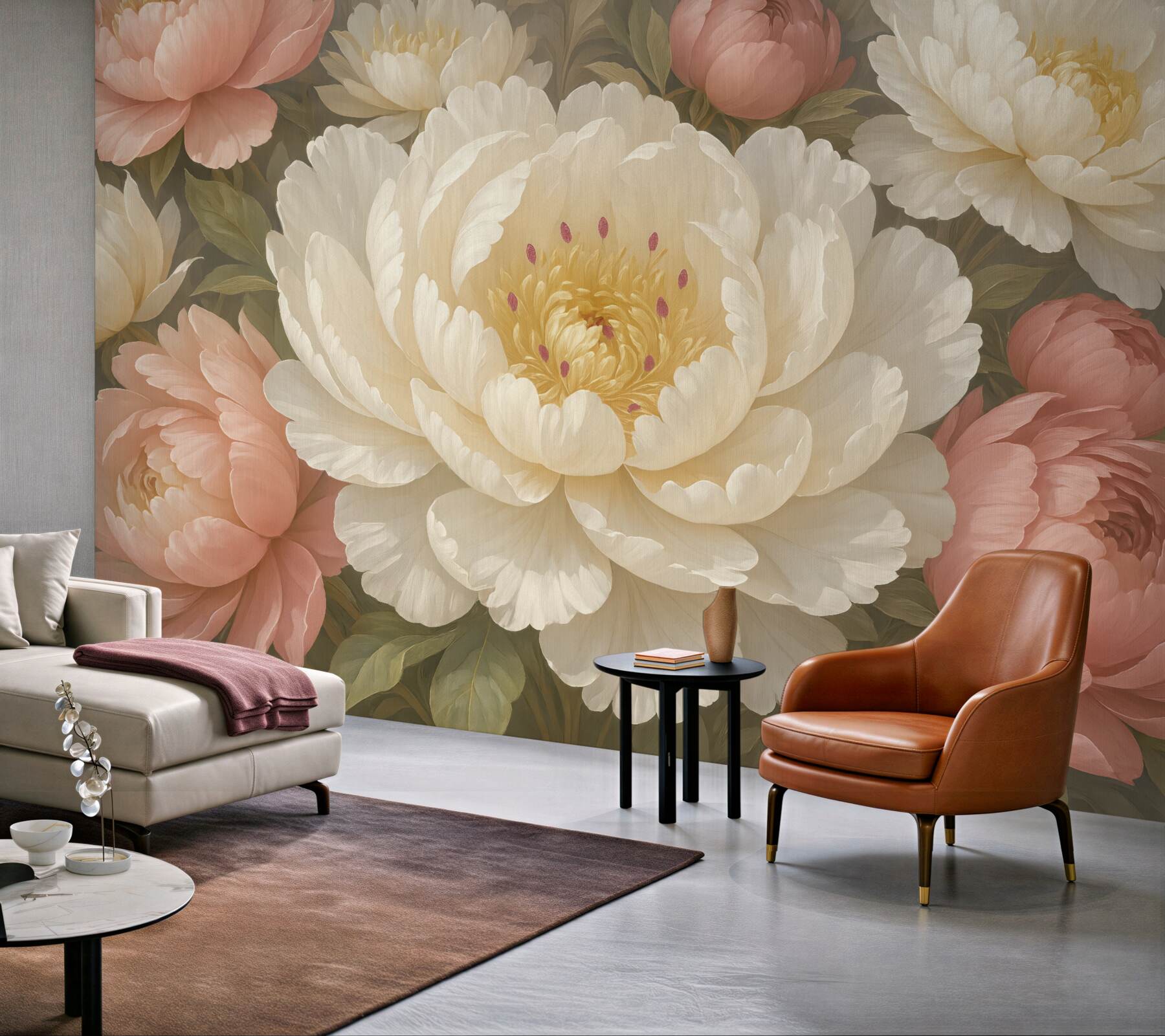 Fototapeta Miękkie, subtelne białe i różowe piwonie o obfitych, pełnych kwiatach na stonowanym tle.