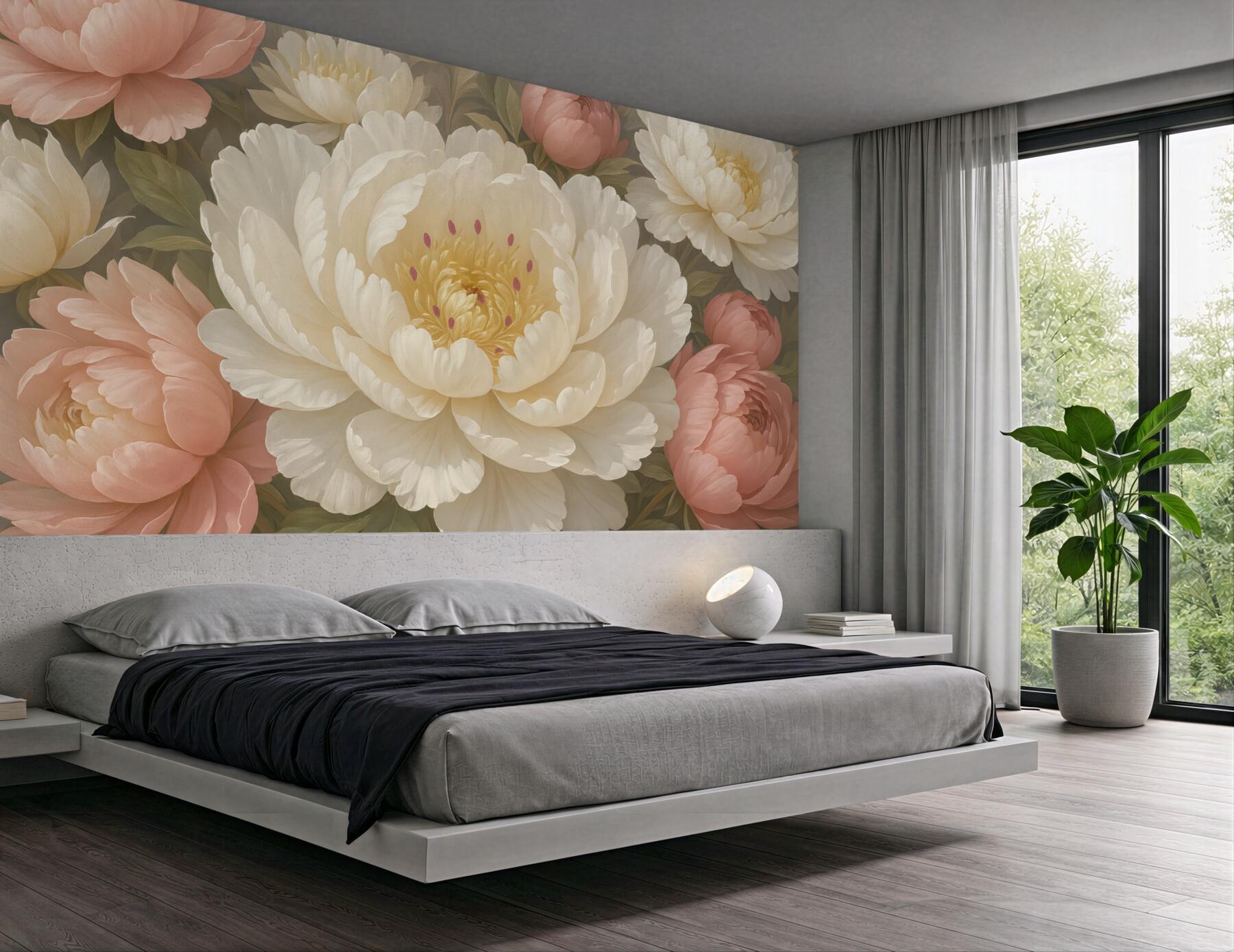 Fototapeta Miękkie, subtelne białe i różowe piwonie o obfitych, pełnych kwiatach na stonowanym tle.