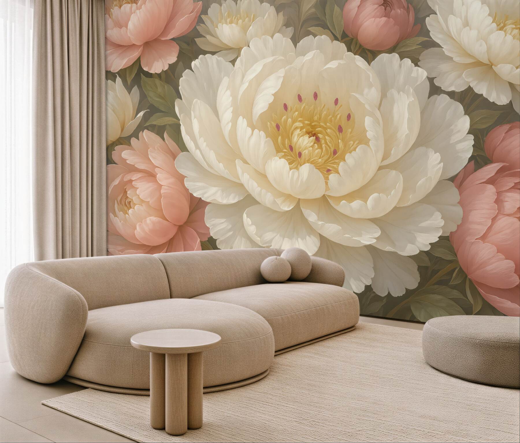 Fototapeta Miękkie, subtelne białe i różowe piwonie o obfitych, pełnych kwiatach na stonowanym tle.