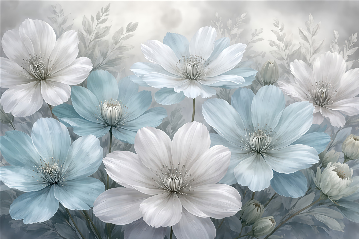 Fototapeta błękitne kwiaty w subtelnej mgiełce