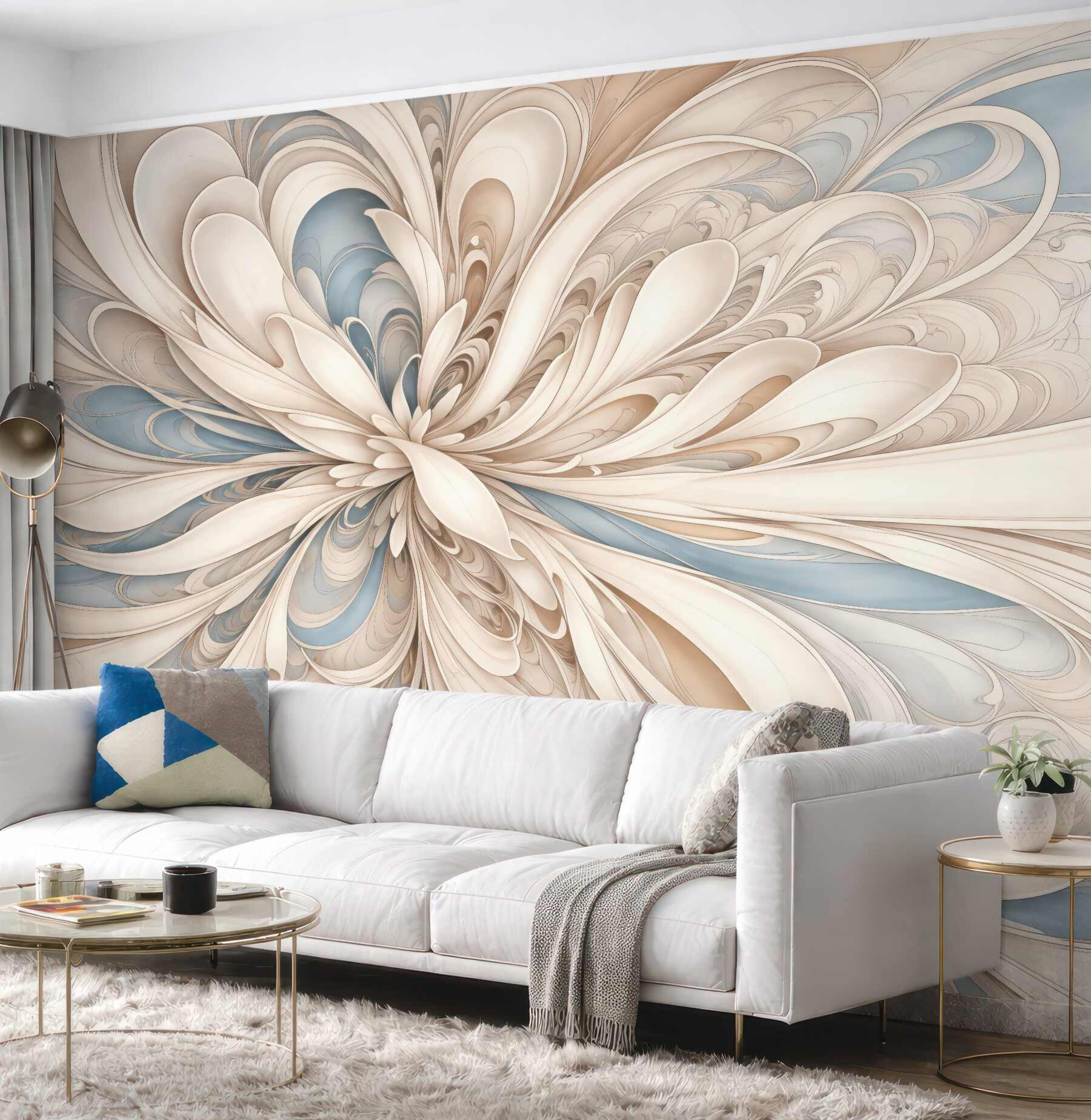 Fototapeta Abstrakcyjny kwiatowy motyw z wirującymi, organicznymi formami w odcieniach beżu, brązu i niebieskiego na jasnym tle.
