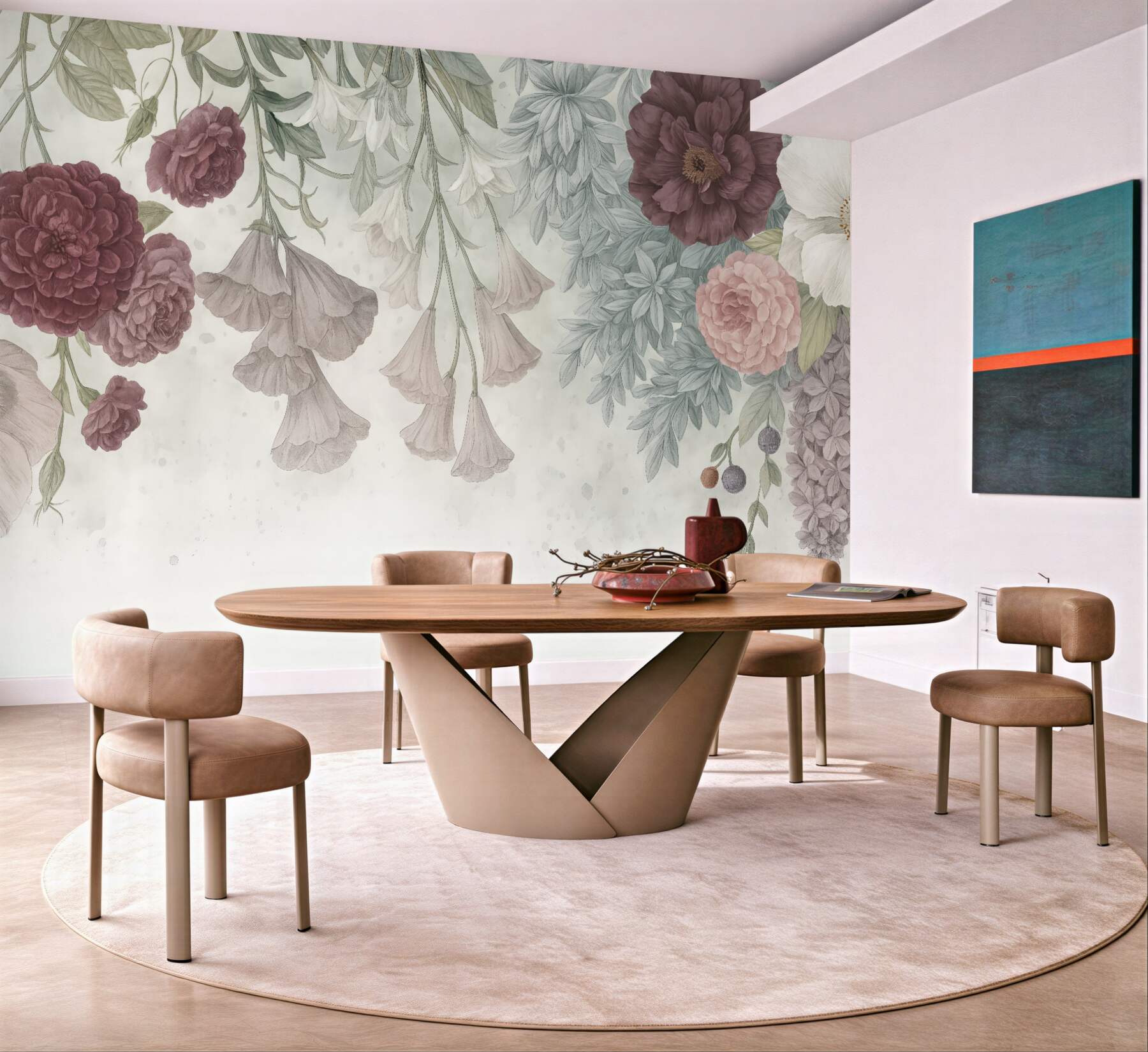 Fototapeta Barwna kompozycja kwiatów z różowymi i białymi roślinami, liśćmi oraz zielenią na jasnym tle.