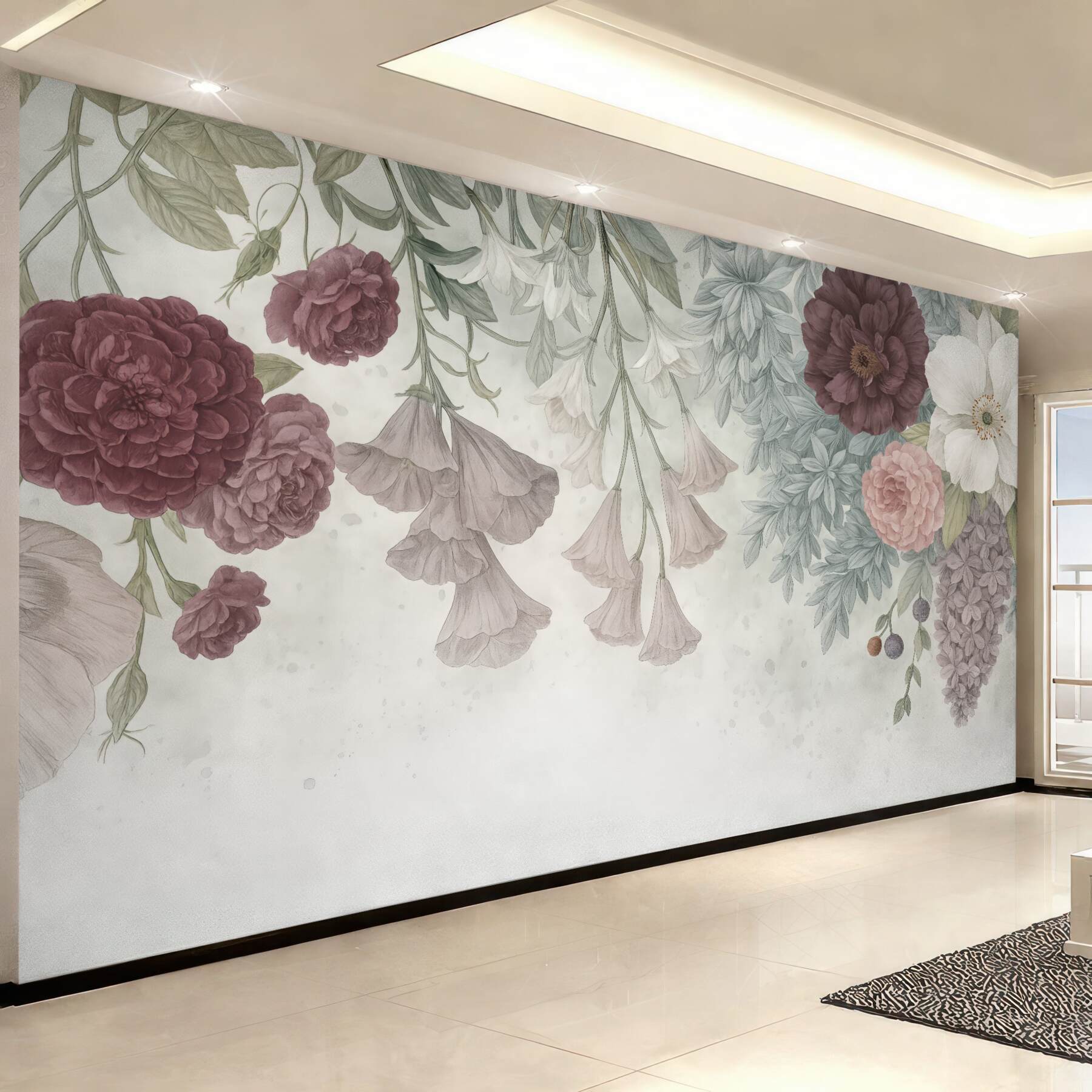 Fototapeta Barwna kompozycja kwiatów z różowymi i białymi roślinami, liśćmi oraz zielenią na jasnym tle.