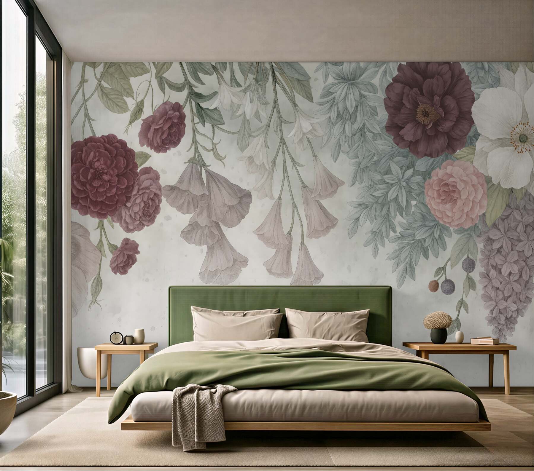 Fototapeta Barwna kompozycja kwiatów z różowymi i białymi roślinami, liśćmi oraz zielenią na jasnym tle.