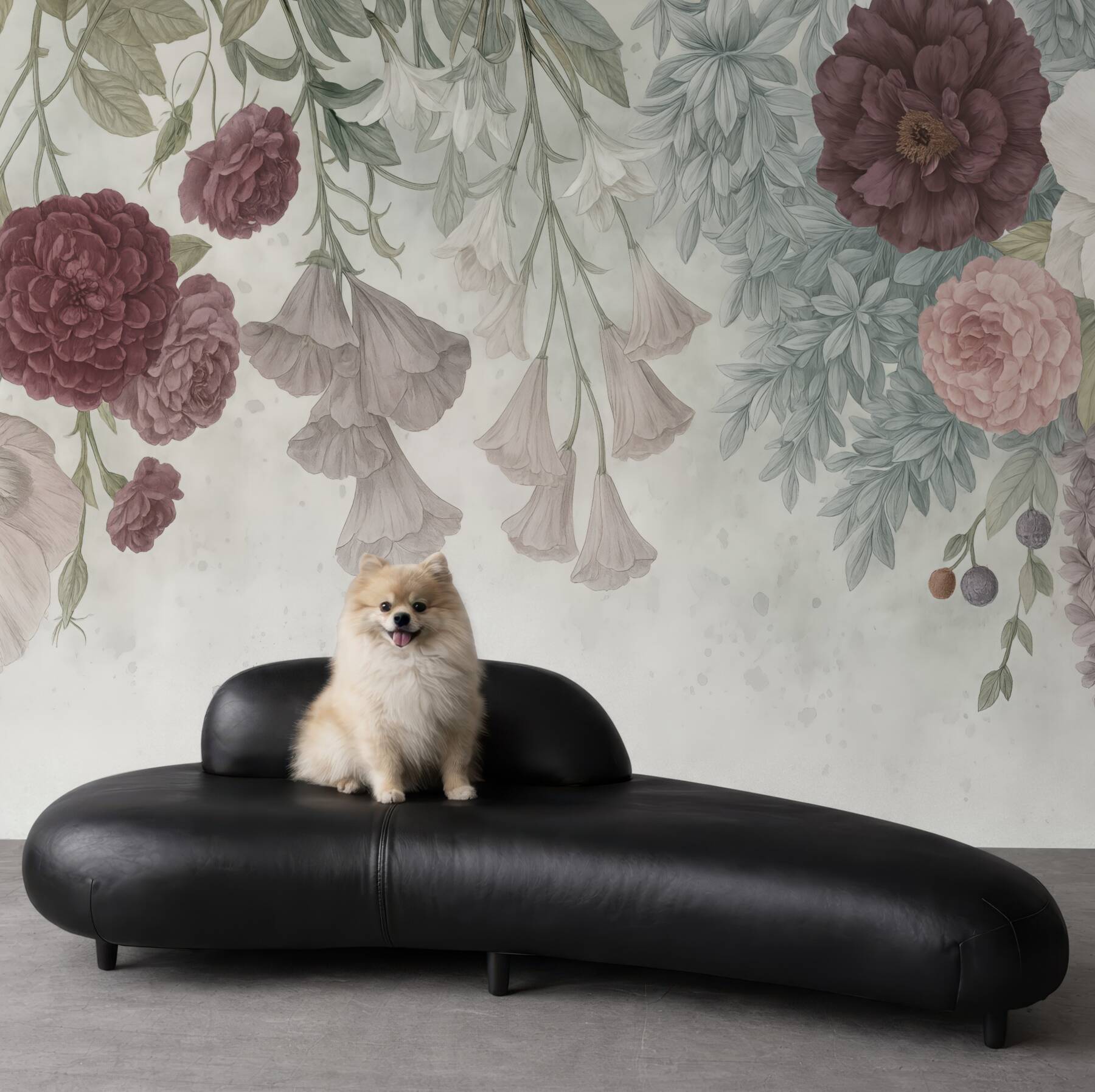 Fototapeta Barwna kompozycja kwiatów z różowymi i białymi roślinami, liśćmi oraz zielenią na jasnym tle.