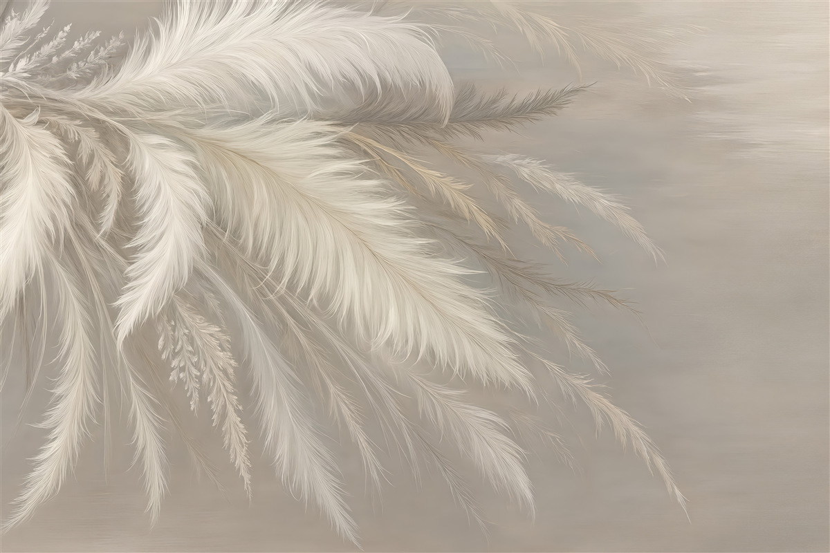 Fototapeta Miękkie, puszyste białe pióra oraz suszone kwiaty na stonowanym pastelowym beżowym tle.