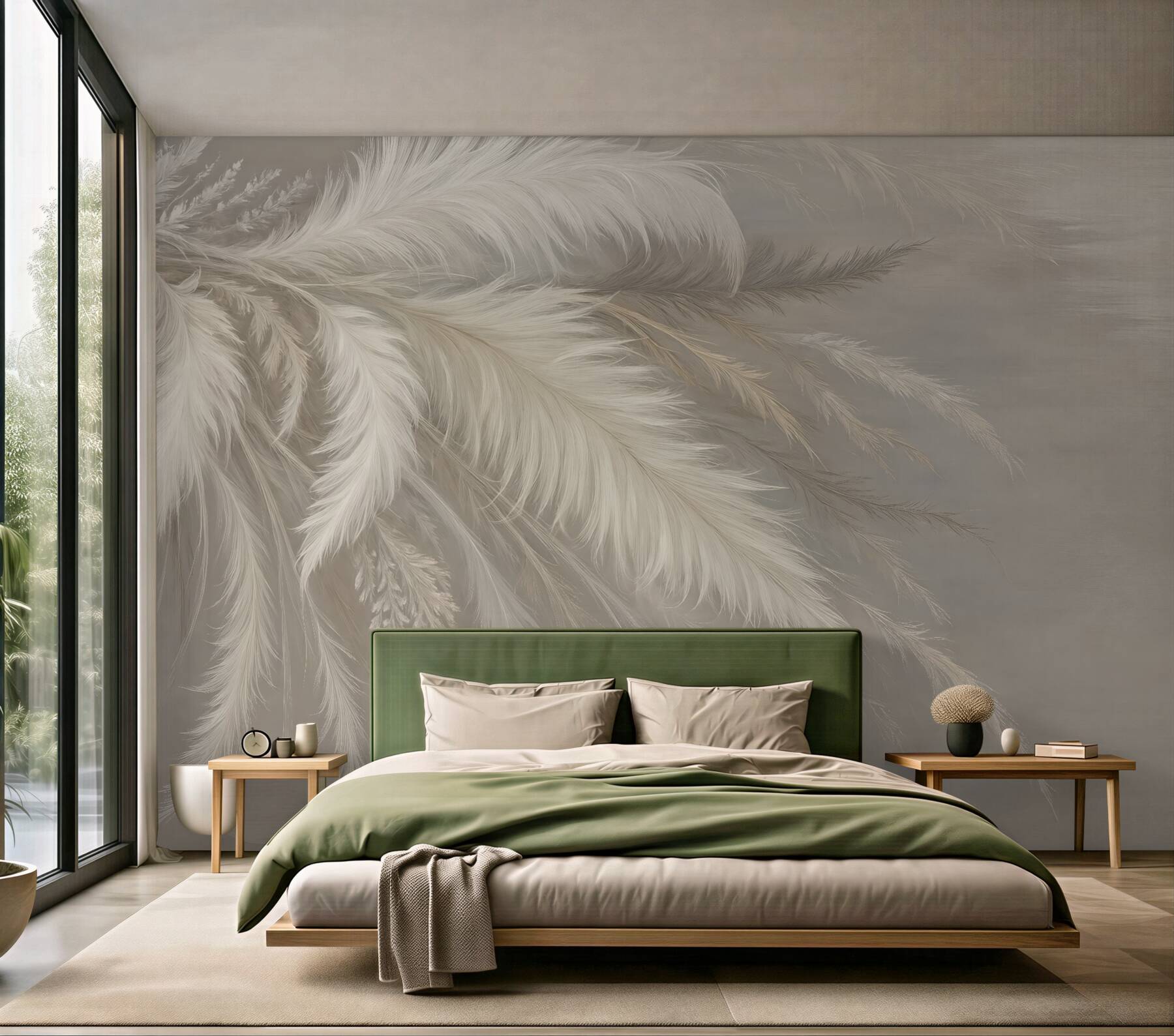 Fototapeta Miękkie, puszyste białe pióra oraz suszone kwiaty na stonowanym pastelowym beżowym tle.