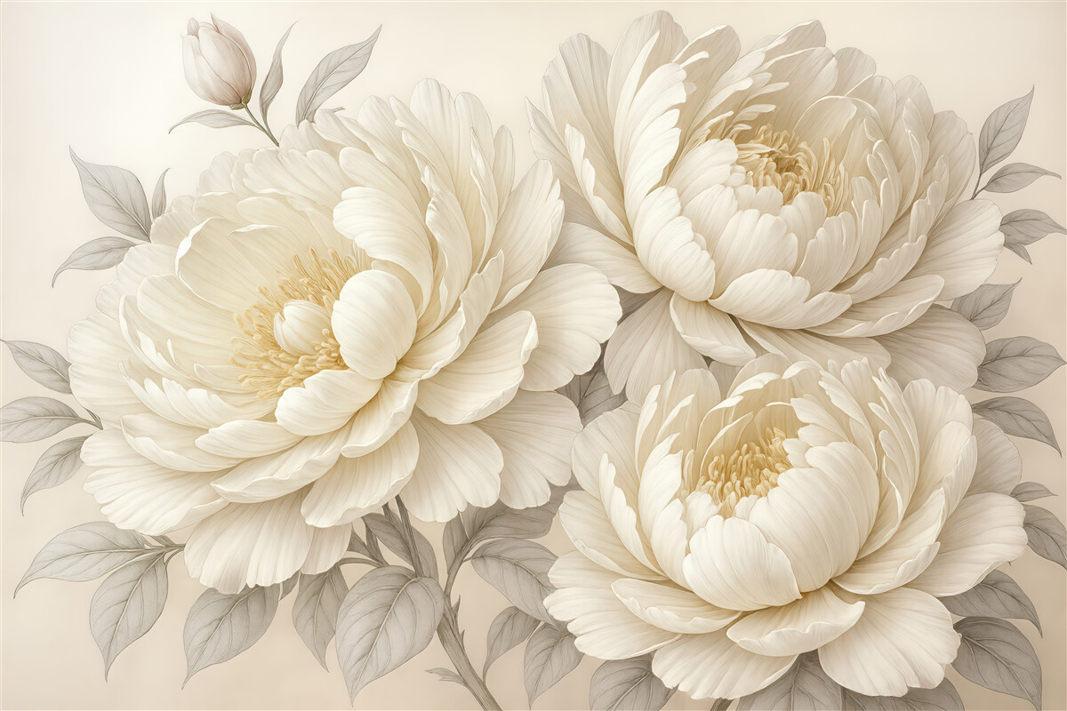 Fototapeta Subtelne, pastelowe białe piwonie z gęstymi liśćmi na łagodnym, neutralnym tle.