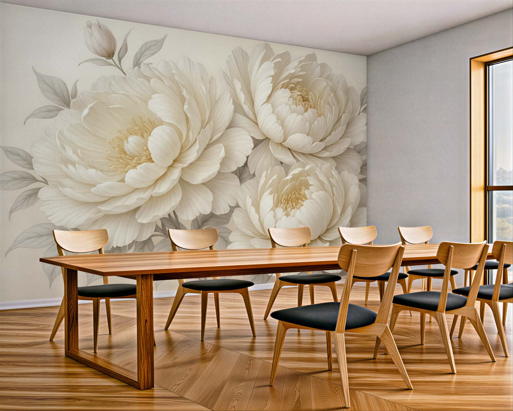 Fototapeta Subtelne, pastelowe białe piwonie z gęstymi liśćmi na łagodnym, neutralnym tle.