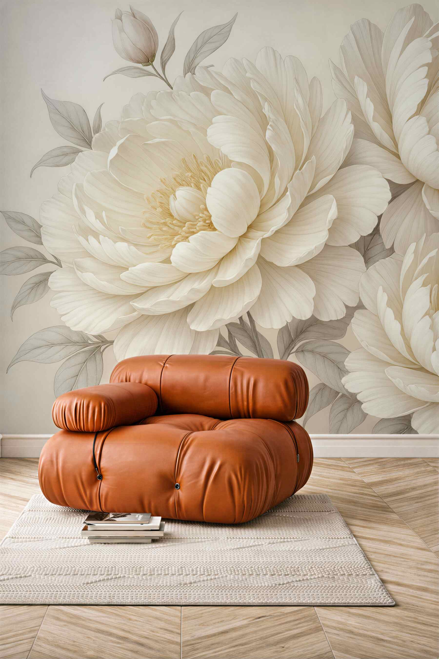 Fototapeta Subtelne, pastelowe białe piwonie z gęstymi liśćmi na łagodnym, neutralnym tle.