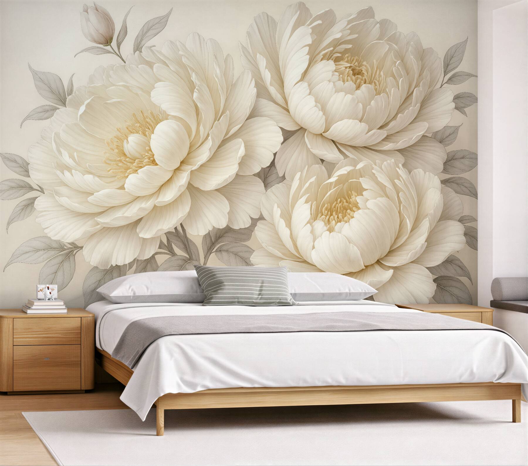 Fototapeta Subtelne, pastelowe białe piwonie z gęstymi liśćmi na łagodnym, neutralnym tle.