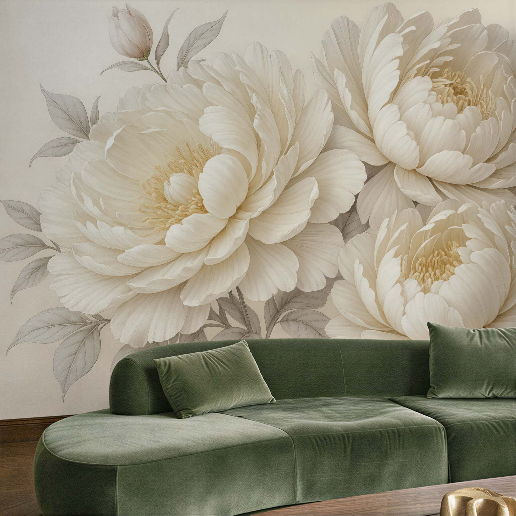 Fototapeta Subtelne, pastelowe białe piwonie z gęstymi liśćmi na łagodnym, neutralnym tle.