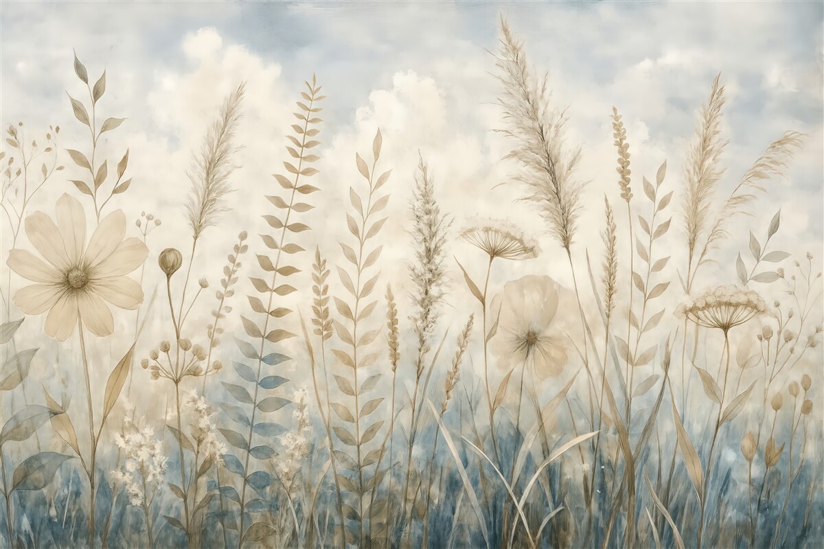 Fototapeta Łąka porośnięta wysoką trawą, naturalnymi liśćmi oraz roślinami o miękkich, subtelnych fakturach na tle mglistego, pochmurnego nieba.