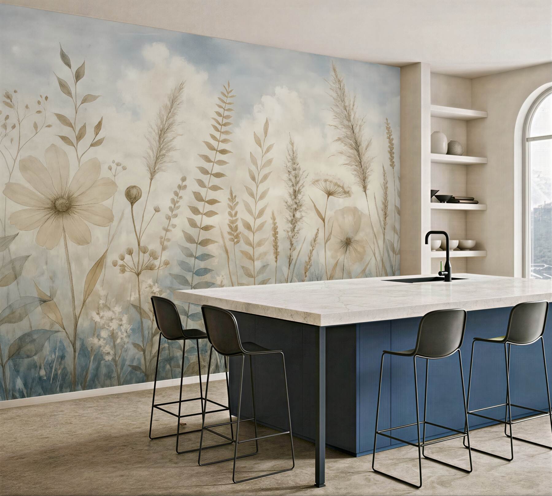 Fototapeta Łąka porośnięta wysoką trawą, naturalnymi liśćmi oraz roślinami o miękkich, subtelnych fakturach na tle mglistego, pochmurnego nieba.