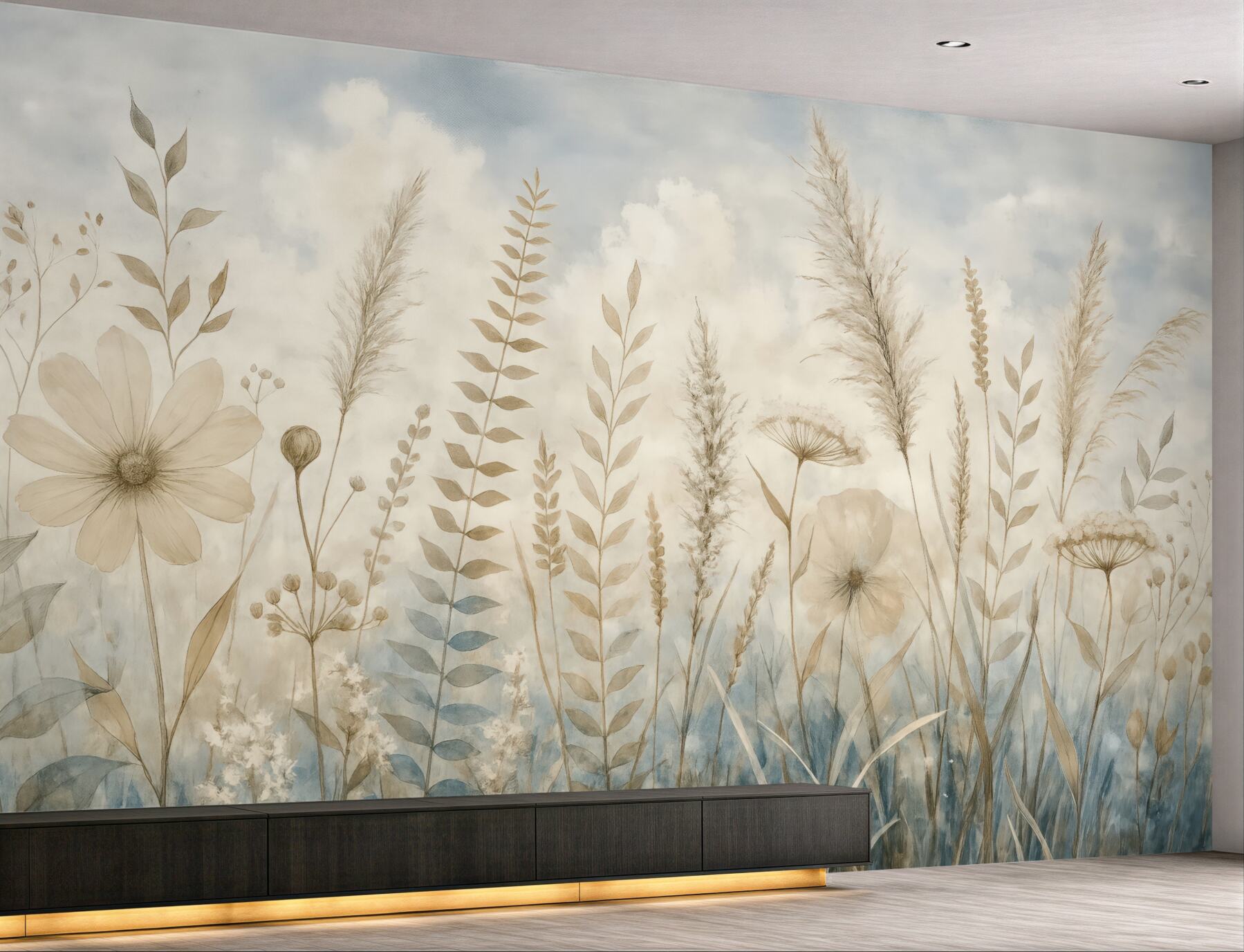 Fototapeta Łąka porośnięta wysoką trawą, naturalnymi liśćmi oraz roślinami o miękkich, subtelnych fakturach na tle mglistego, pochmurnego nieba.