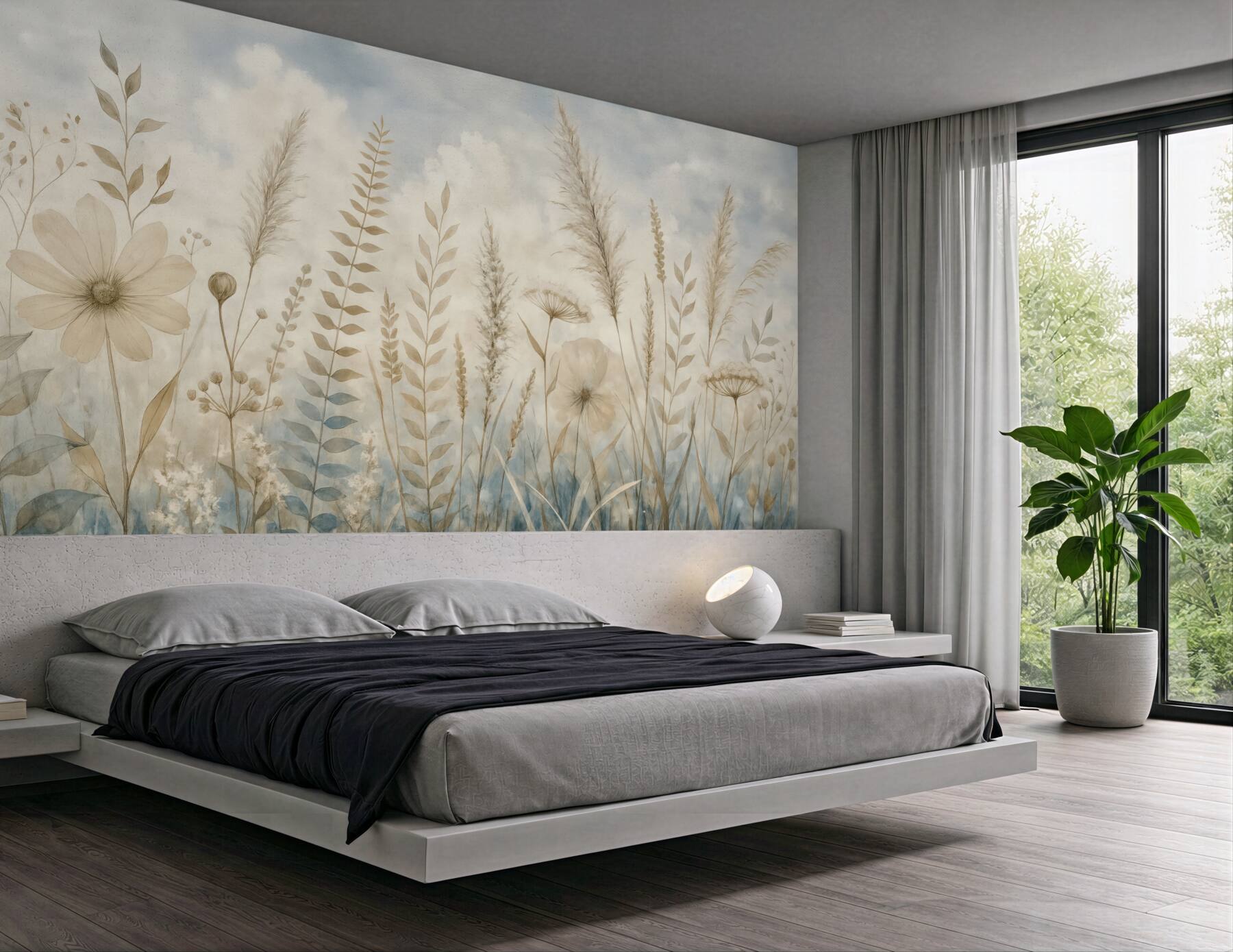 Fototapeta Łąka porośnięta wysoką trawą, naturalnymi liśćmi oraz roślinami o miękkich, subtelnych fakturach na tle mglistego, pochmurnego nieba.